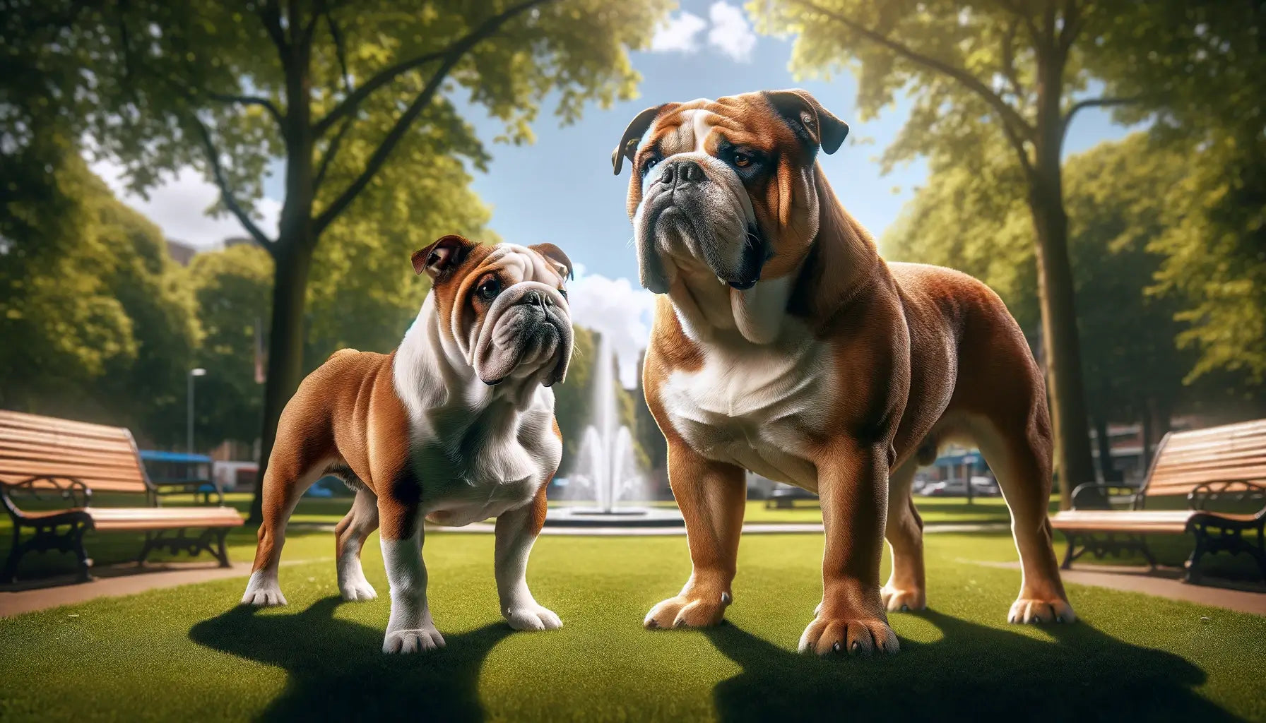 Image showing an Olde English Bulldogge and an English Bulldog standing side by side in a park, emphasizing their physical distinctions.