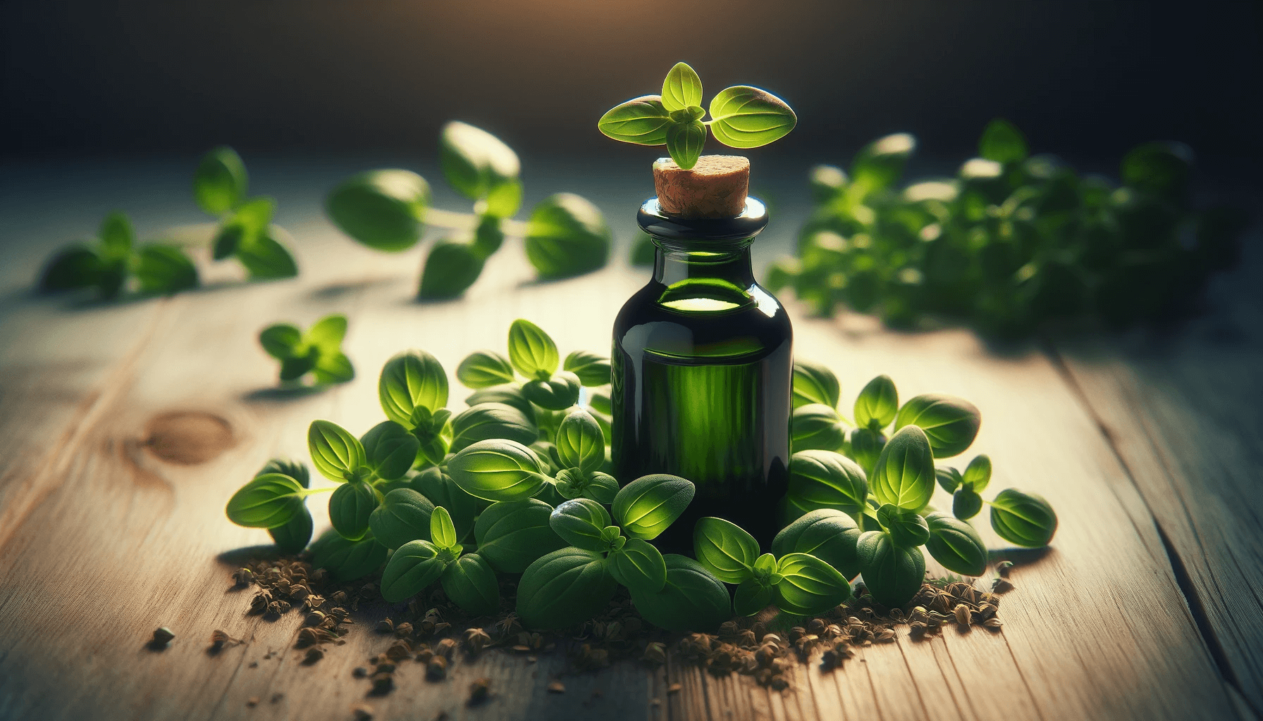 Oregano leaves gracefully placed around a bottle of oregano oil.