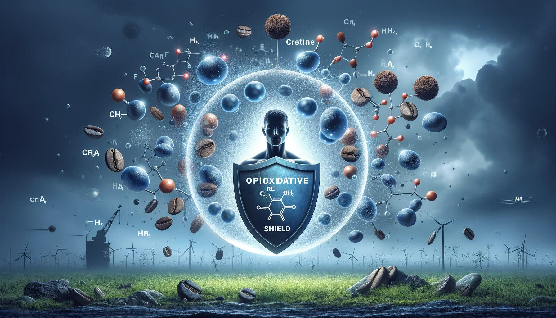 Oxidative Shield - A human silhouette surrounded by a protective bubble against a backdrop of oxidative stress elements: pollution, free radicals.