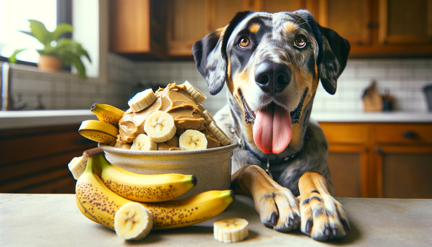 Peanut Butter Banana Dog Treats with a Catahoula Leopard Dog sitting next to it.