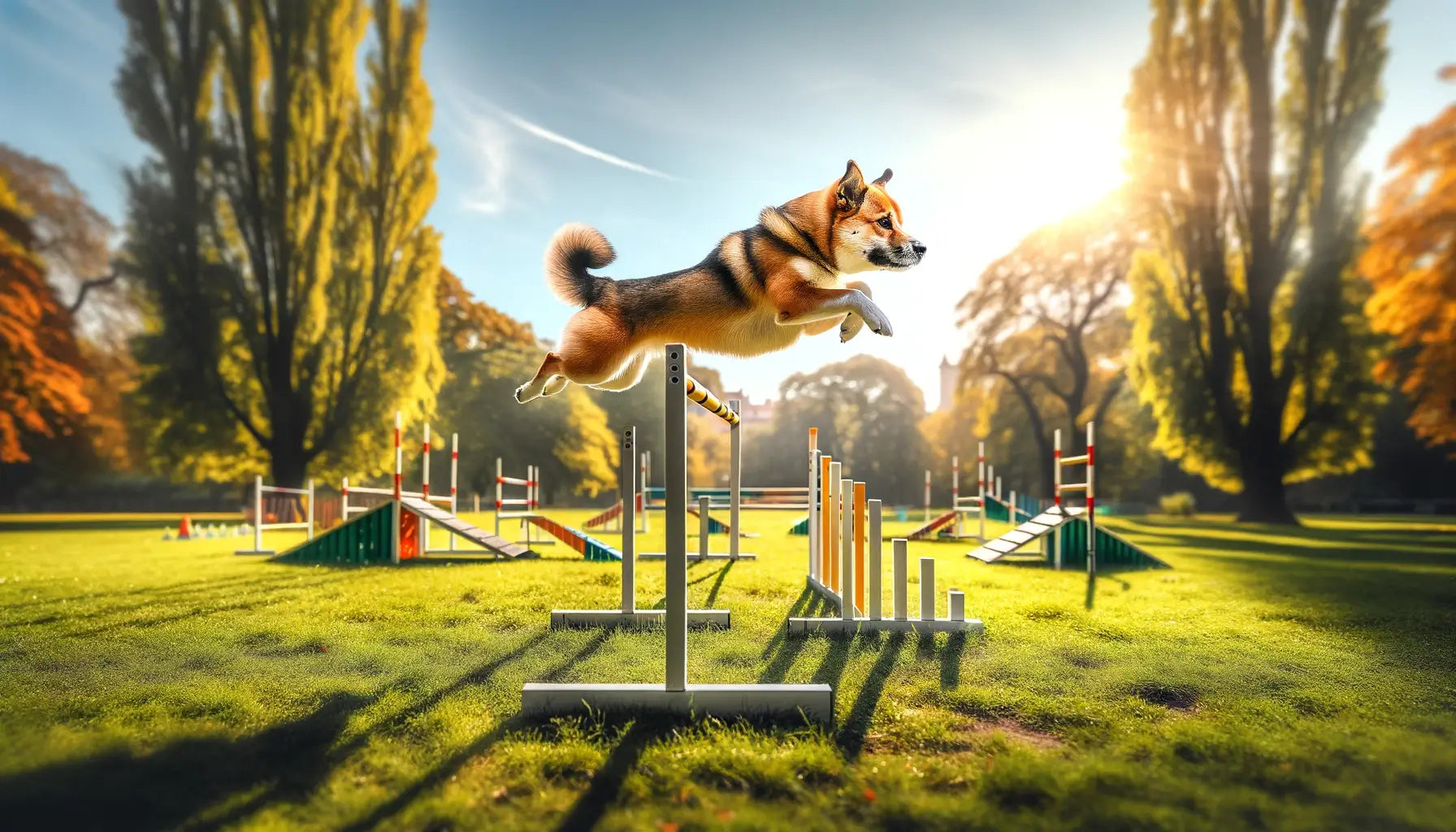 Potcake Dog engaged in agility training, leaping over a hurdle in a scenic park, showcasing its agility and strength.