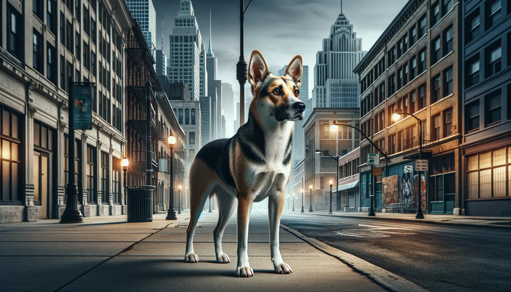 Potcake Dog in an urban setting, with the dog's athletic build and alert expression emphasizing its adaptability and keen senses.