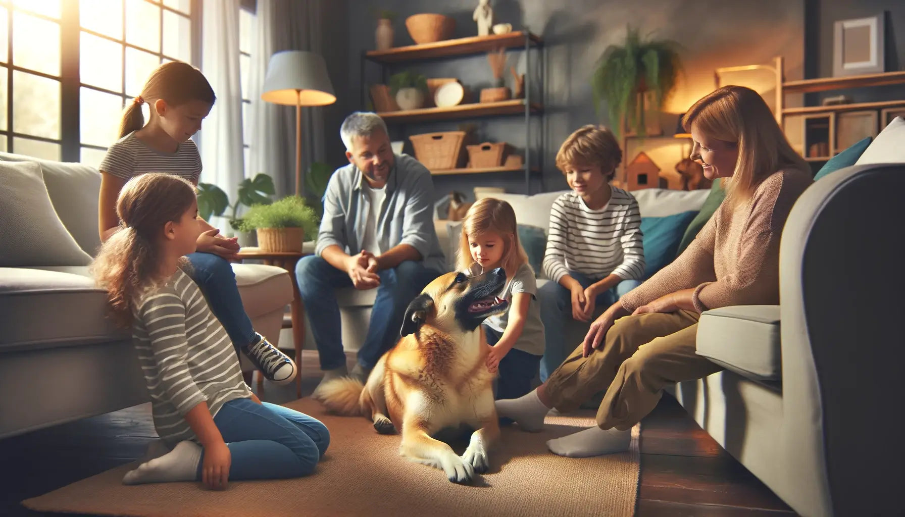 Potcake Dog in the heart of a family setting surrounded by children and adults in a cozy living room.