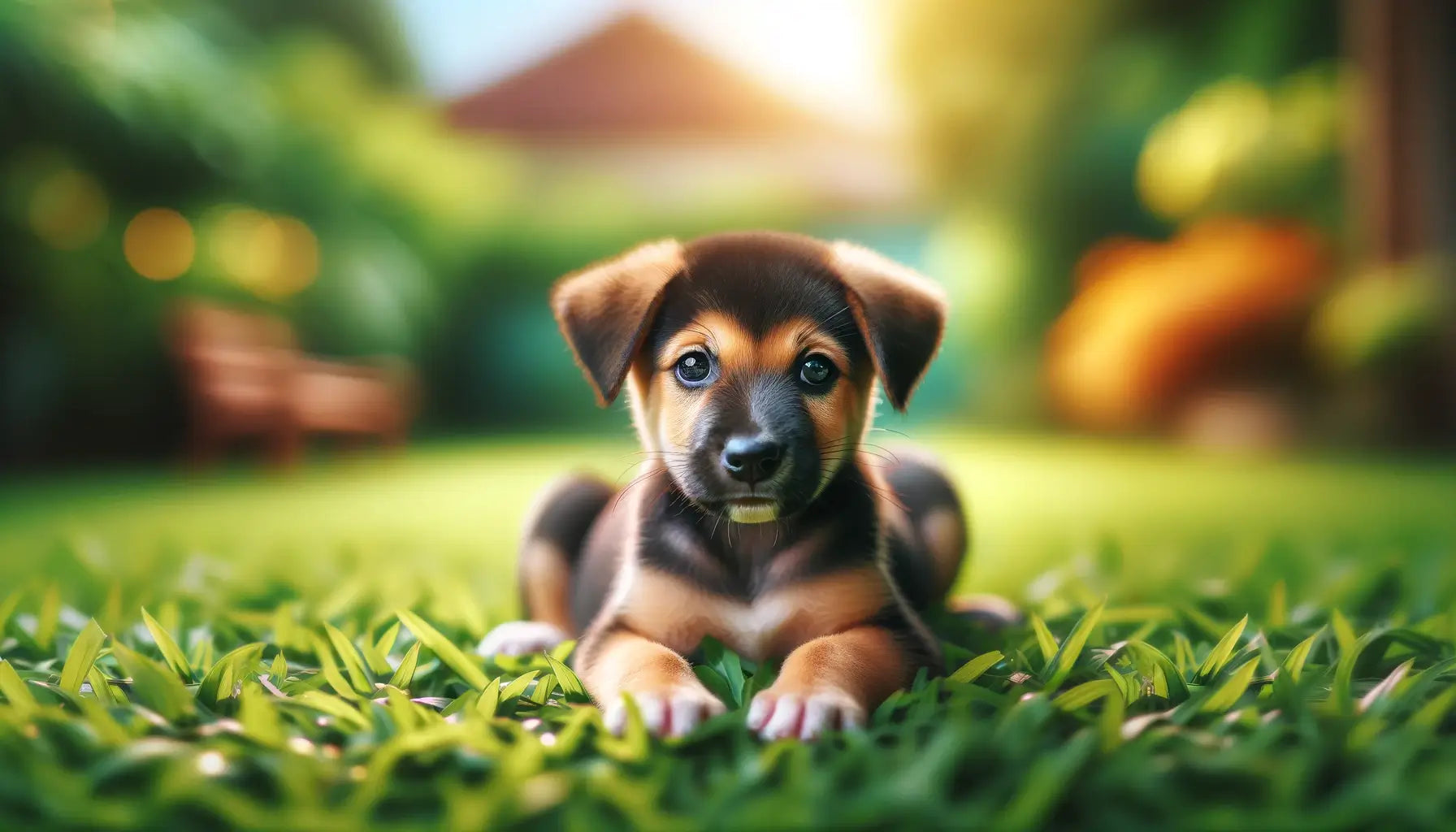 Potcake Dog lying on grass, its curious gaze meeting the camera.