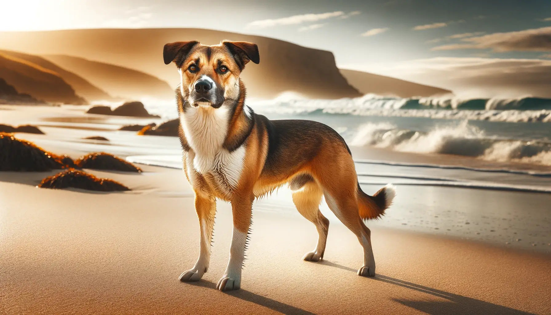 Potcake Dog on a beach with the sea as a backdrop.