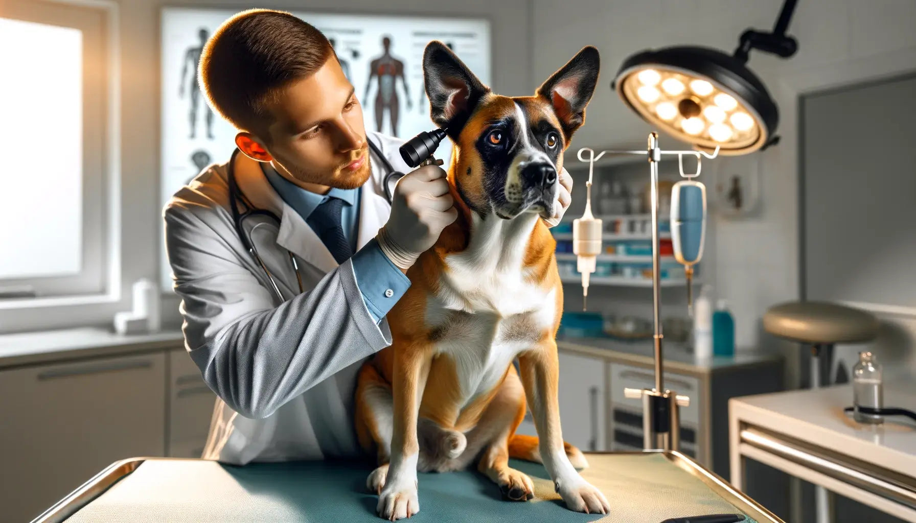 Potcake Dog receiving a thorough health examination from a veterinarian in a clinic setting, focusing on ear, eye, and dental health.