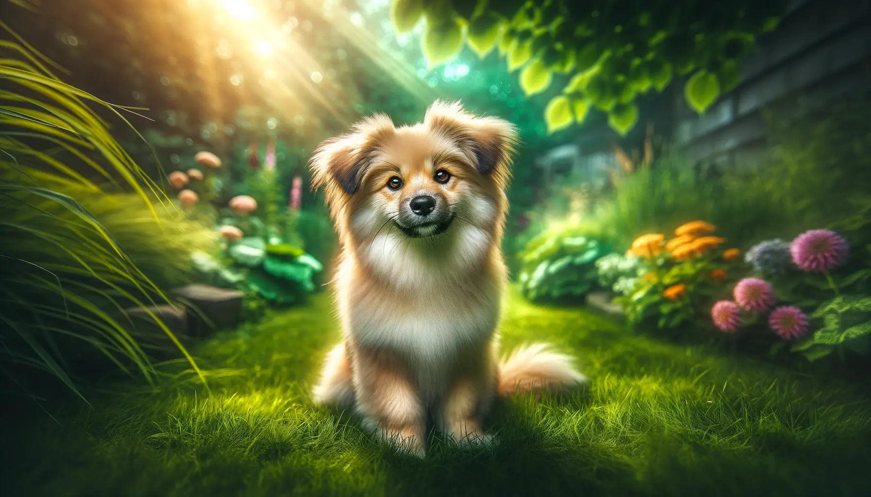 Potcake Dog seated in grass, its playful and curious nature highlighted against the lush greenery.