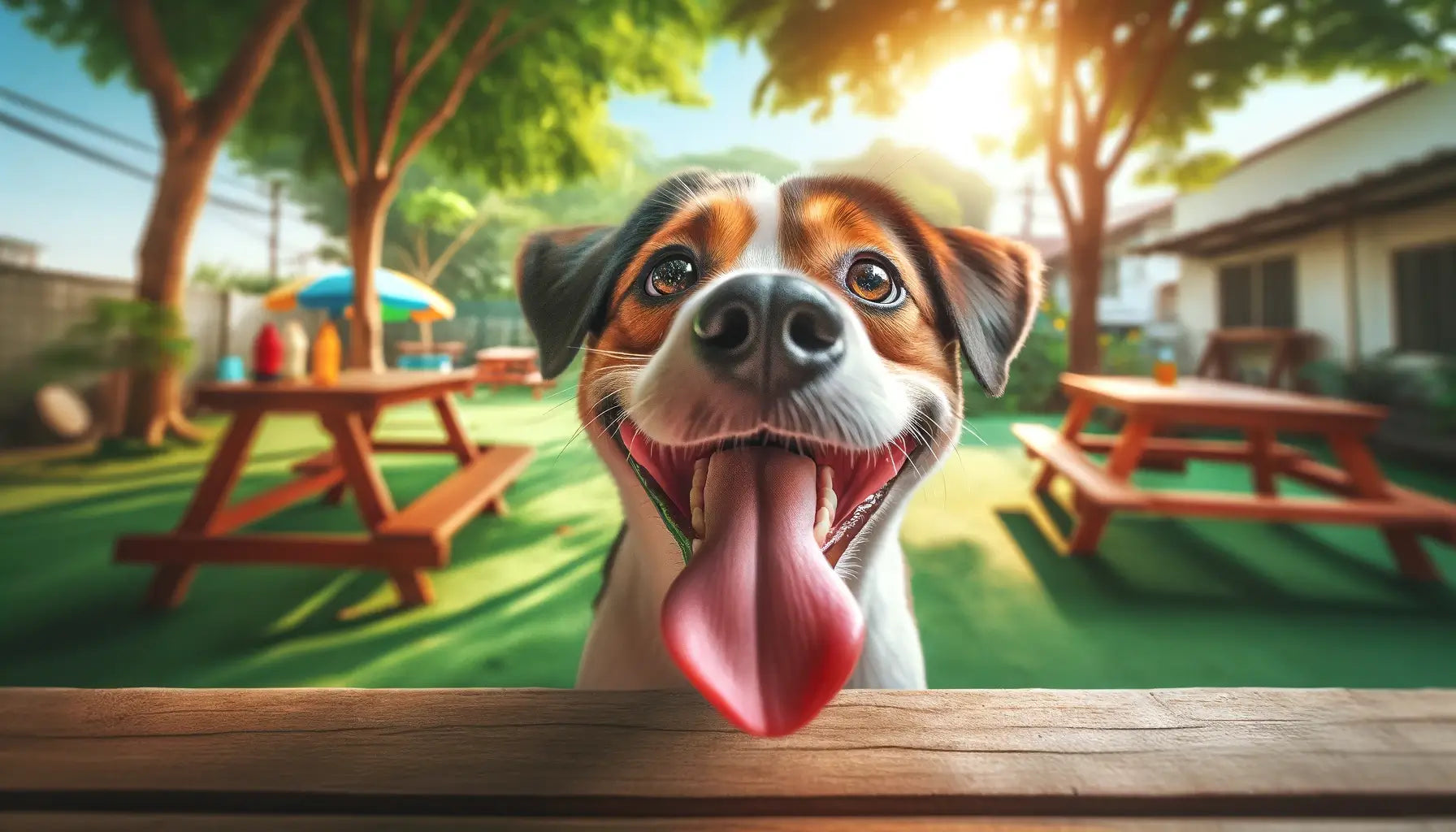 Potcake Dog with a Playful Expression Potcake Dog with a playful expression, tongue out, likely enjoying an outdoor setting.