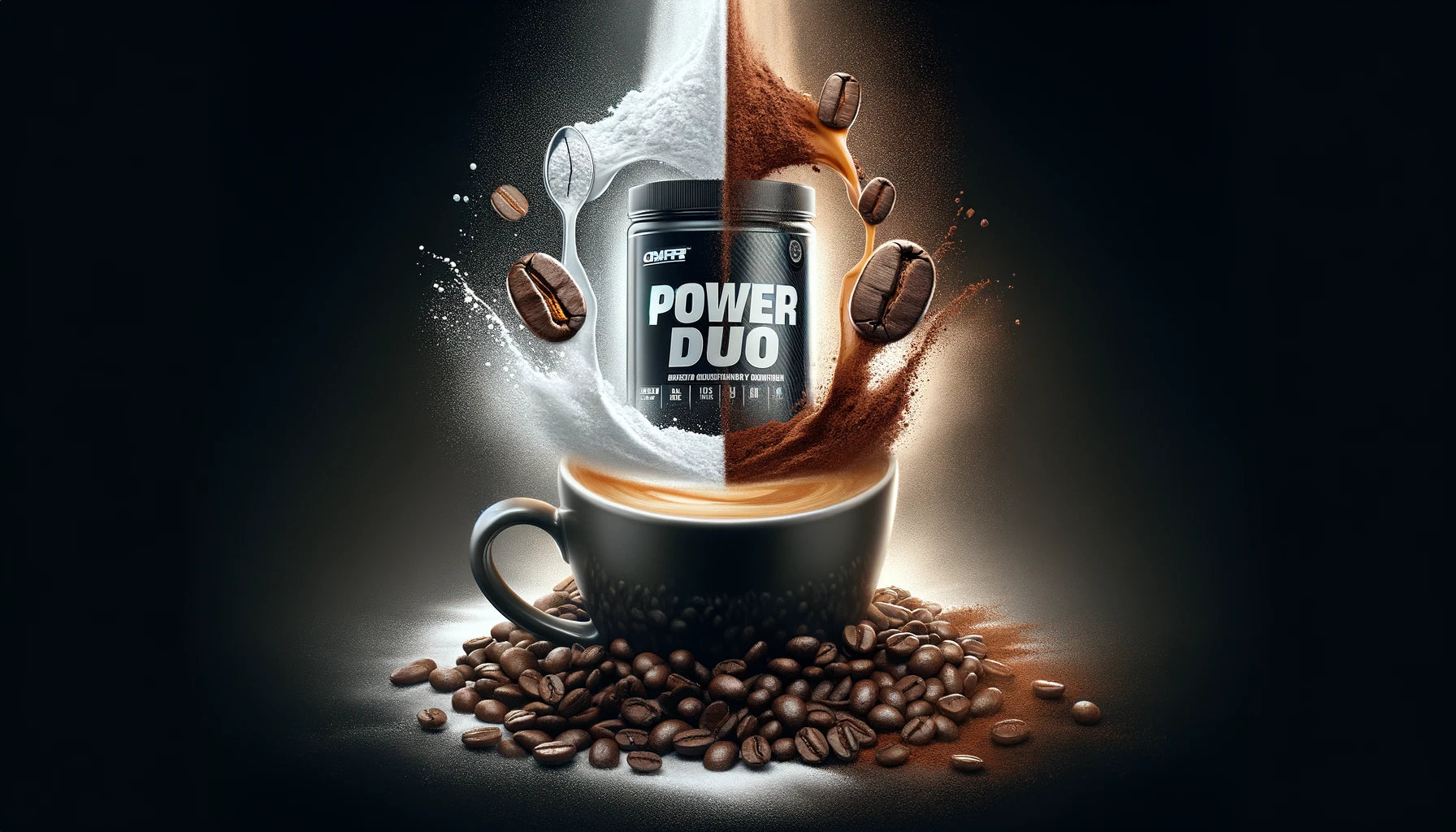 Power Duo - A dynamic split-image showcasing a scoop of creatine on one side and coffee beans on the other, merging in the middle into a cup of coffee.