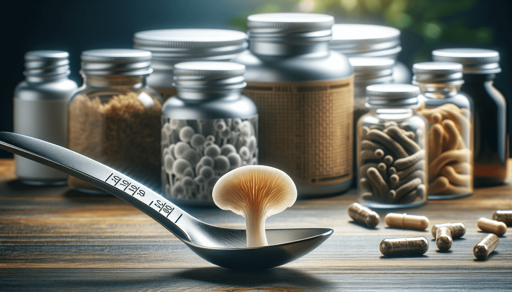 Precision dosage spoon with Lion's Mane mushroom extract against a background of daily supplement containers, emphasizing responsible consumption for optimal cognitive benefits
