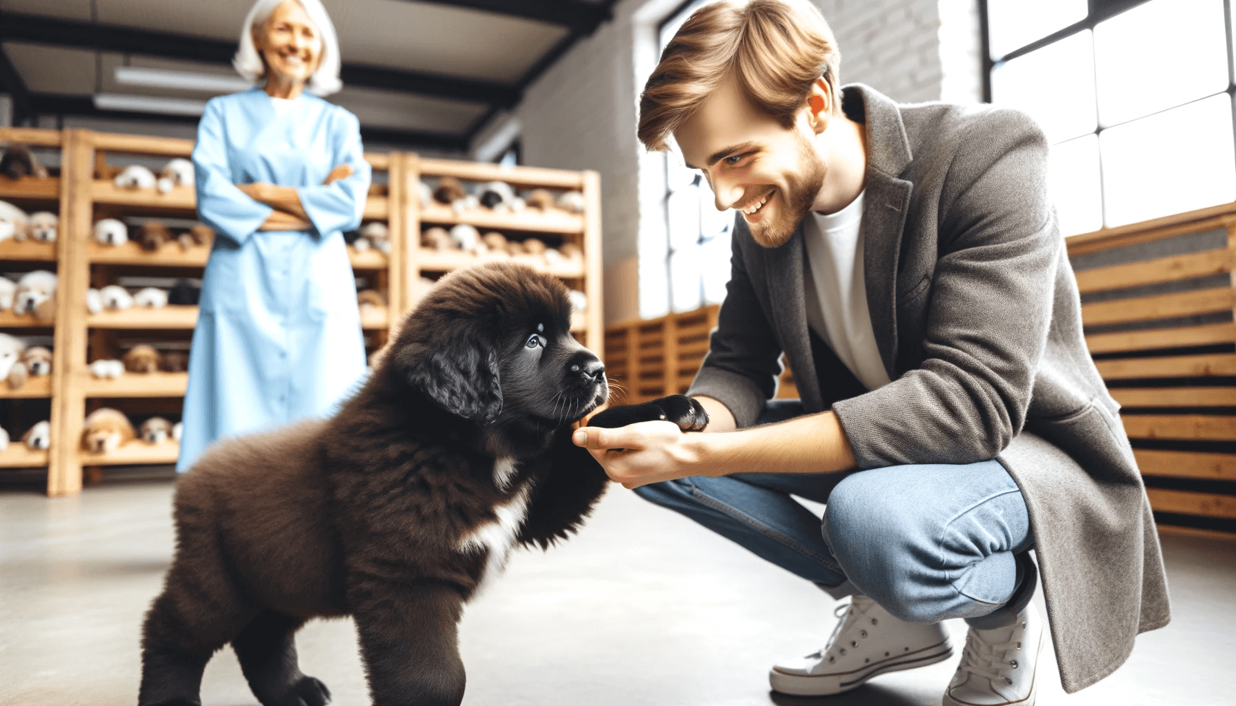 Prospective Owner Meeting a Newfoundland Lab Mix Puppy at a Breeder