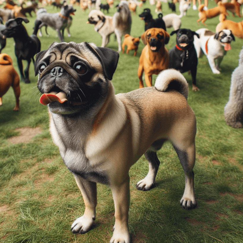 Pugador socializing with other dogs at a dog park