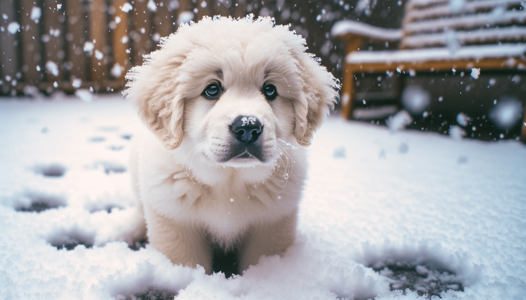 Pyrador puppy experiencing snow for the first time, pure joy on its face