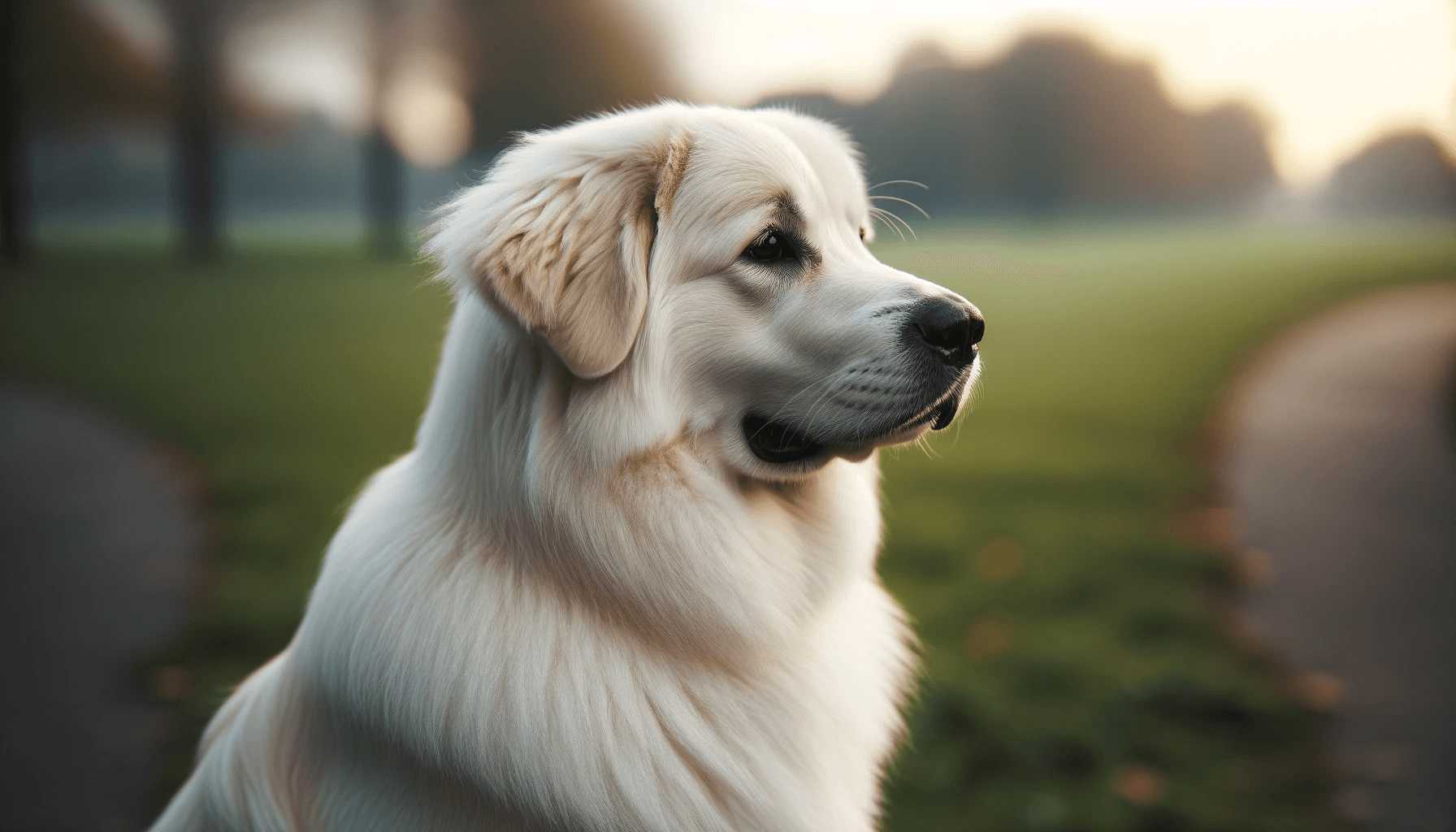 Pyrenees Lab Mix dog is shown in profile, looking sideways with a serene expression. It has medium-length creamy white fur, a robust build, and slight