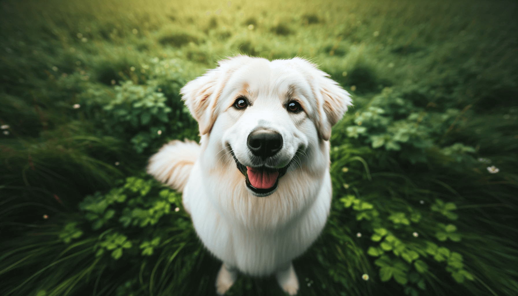 Pyrenees Lab Mix dog stands in an open field, looking up at the camera with a playful and curious expression. The dog's fur is fluffy and purely whi