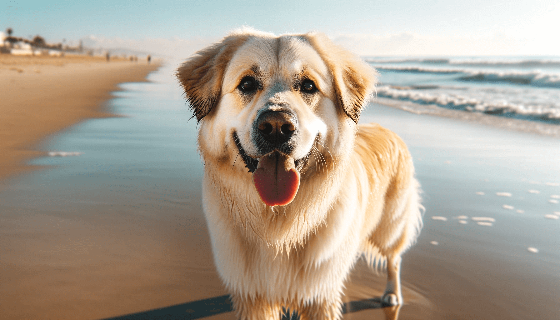 Pyrenees Lab Mix dog with a light cream-colored coat standing on a sandy beach with the ocean in the background. The dog is looking directly at the