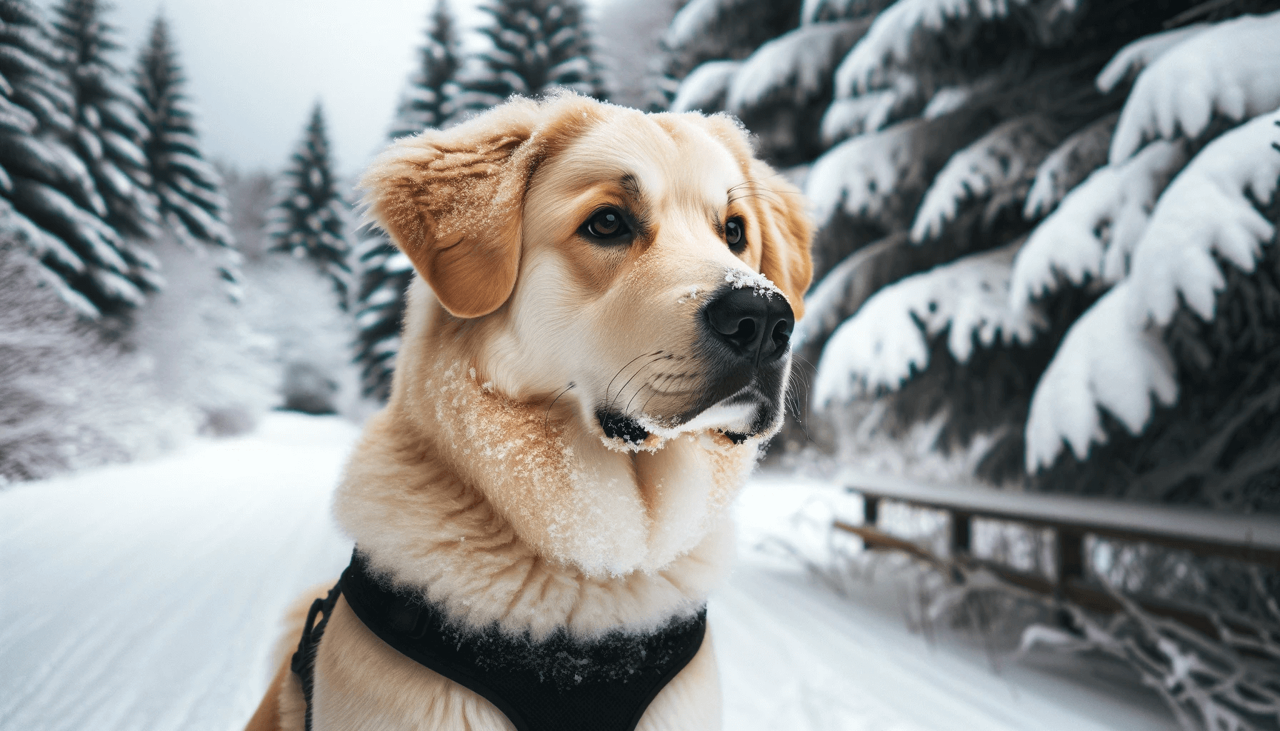 Pyrenees Lab Mix dog with a light golden coat standing in a snowy landscape. The dog is looking to the side with a focused gaze, and there's a ligh