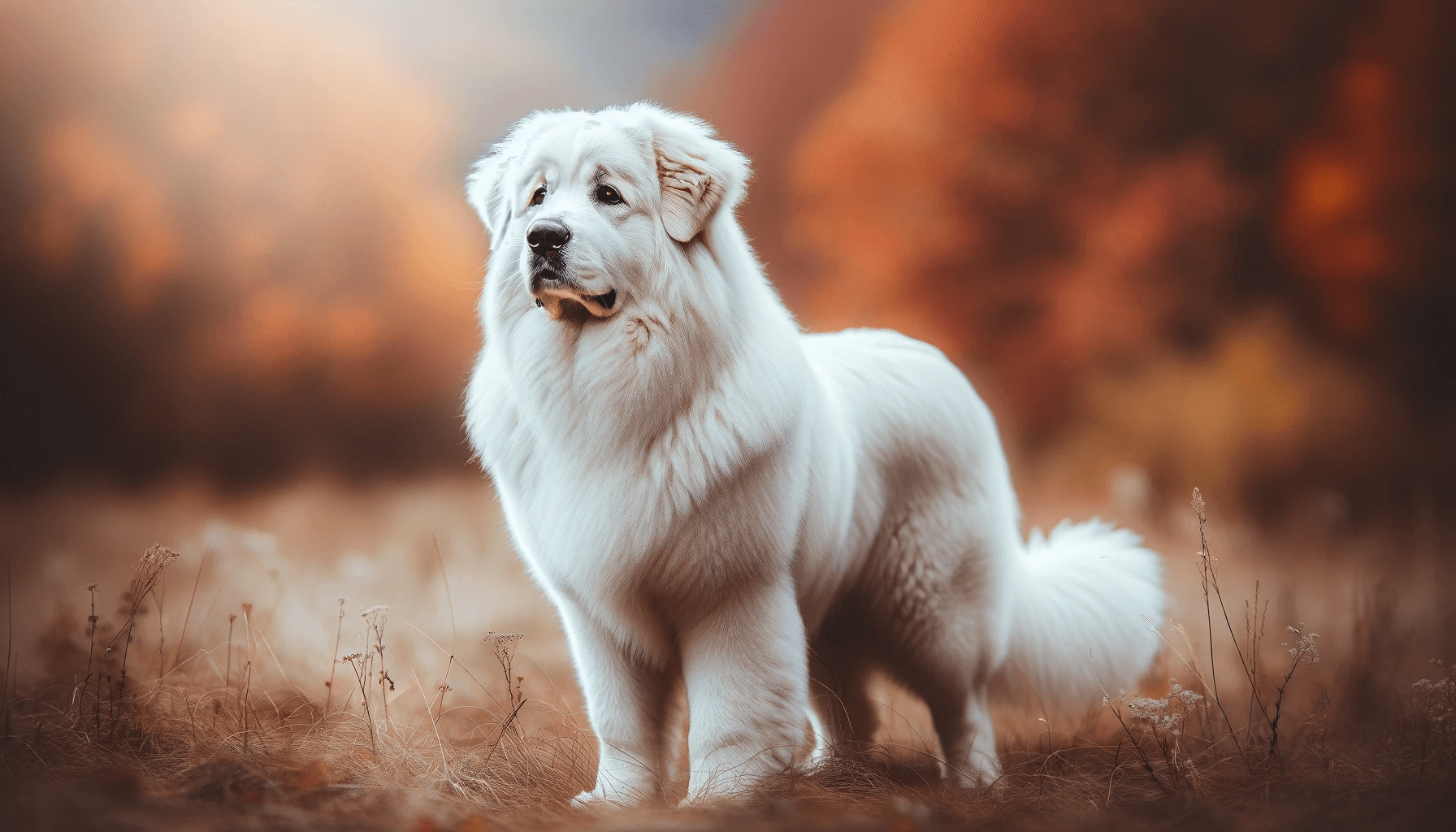 Pyrenees Lab Mix dog with a thick, fluffy white coat standing in an outdoor setting, showcasing its full body. The dog is looking off to the side