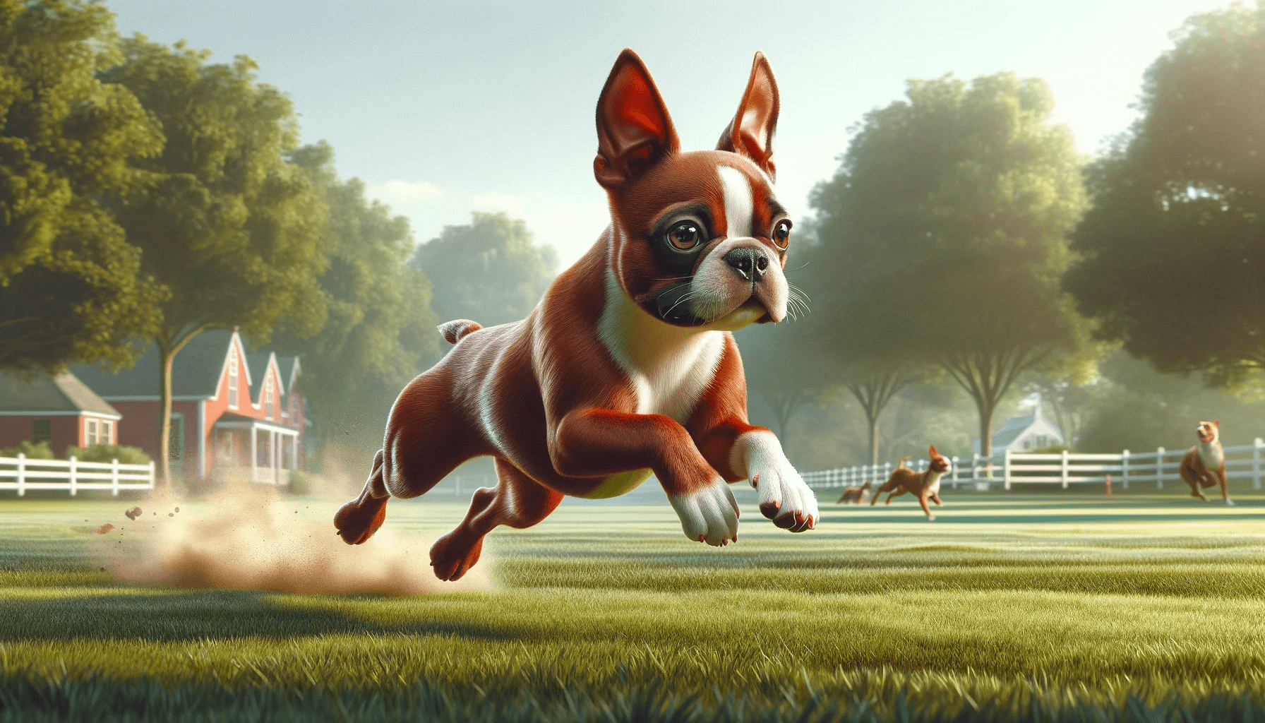 Red Boston Terrier Engaged in Play or Exercise - Running Across a Park