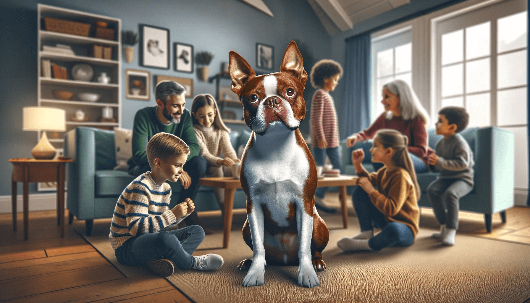 Red Boston Terrier in a Family Setting