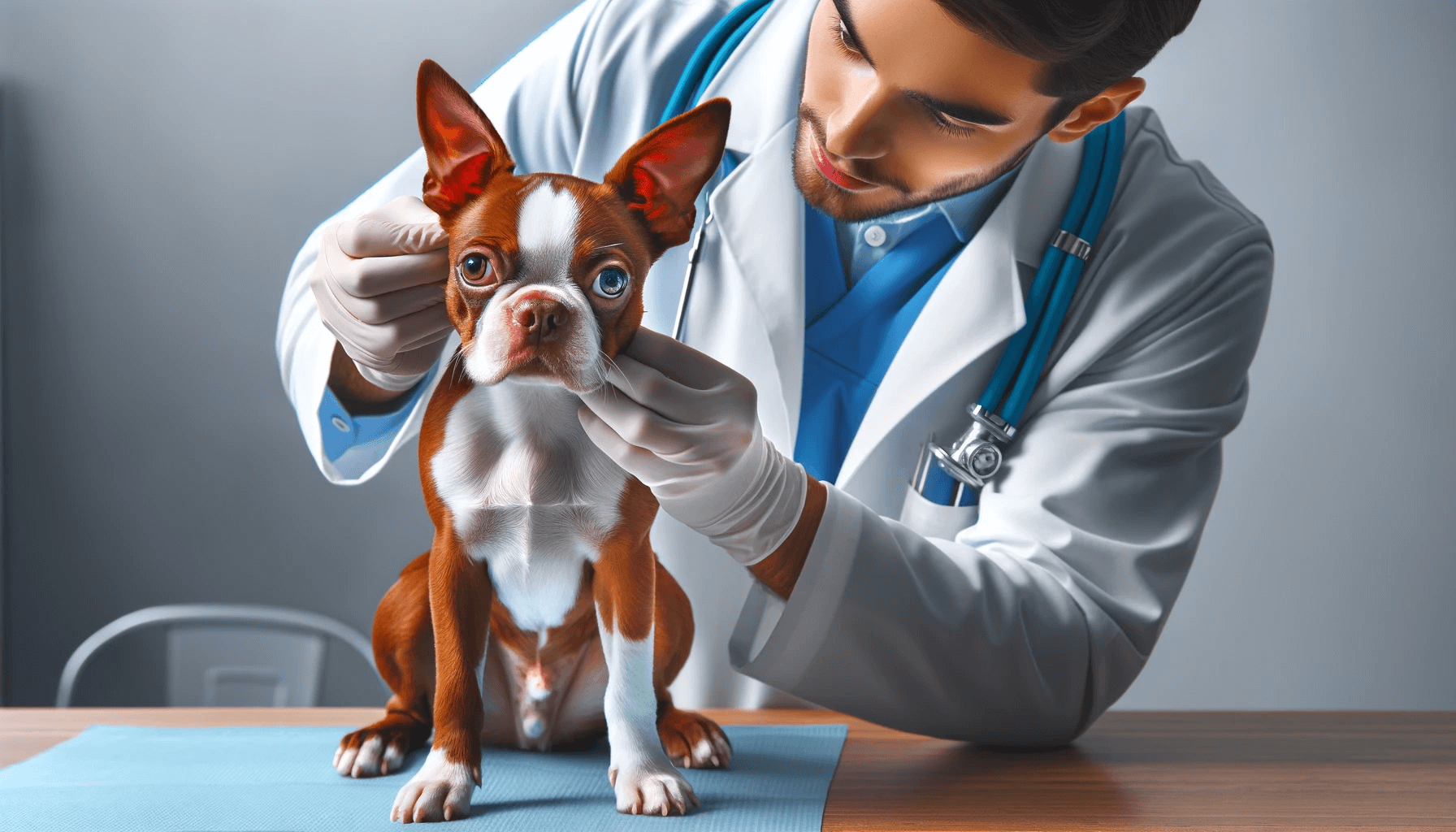 Red Boston Terrier Receiving a Health Check from a Veterinarian