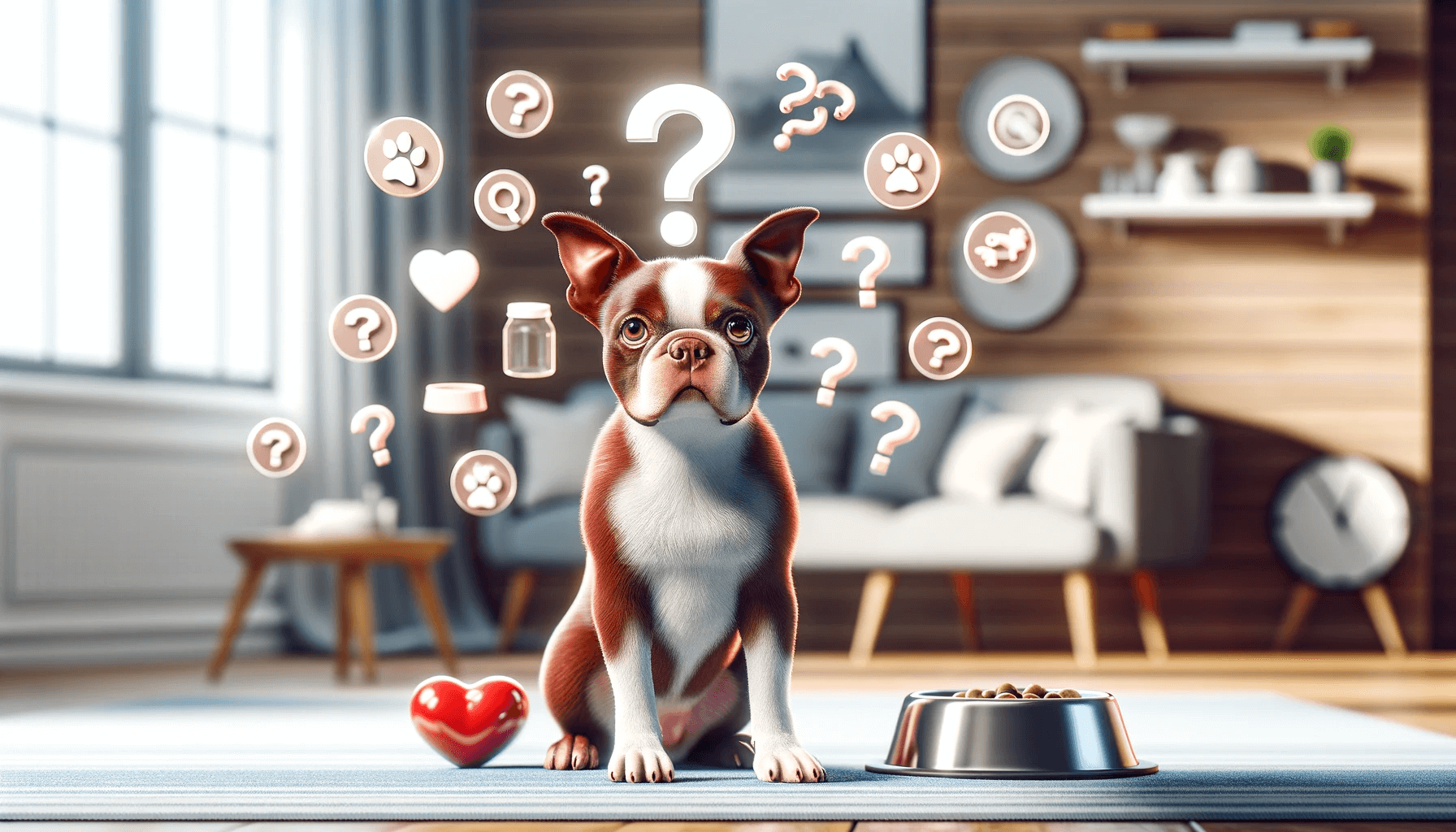 Red Boston Terrier with a Question Mark Above Its Head