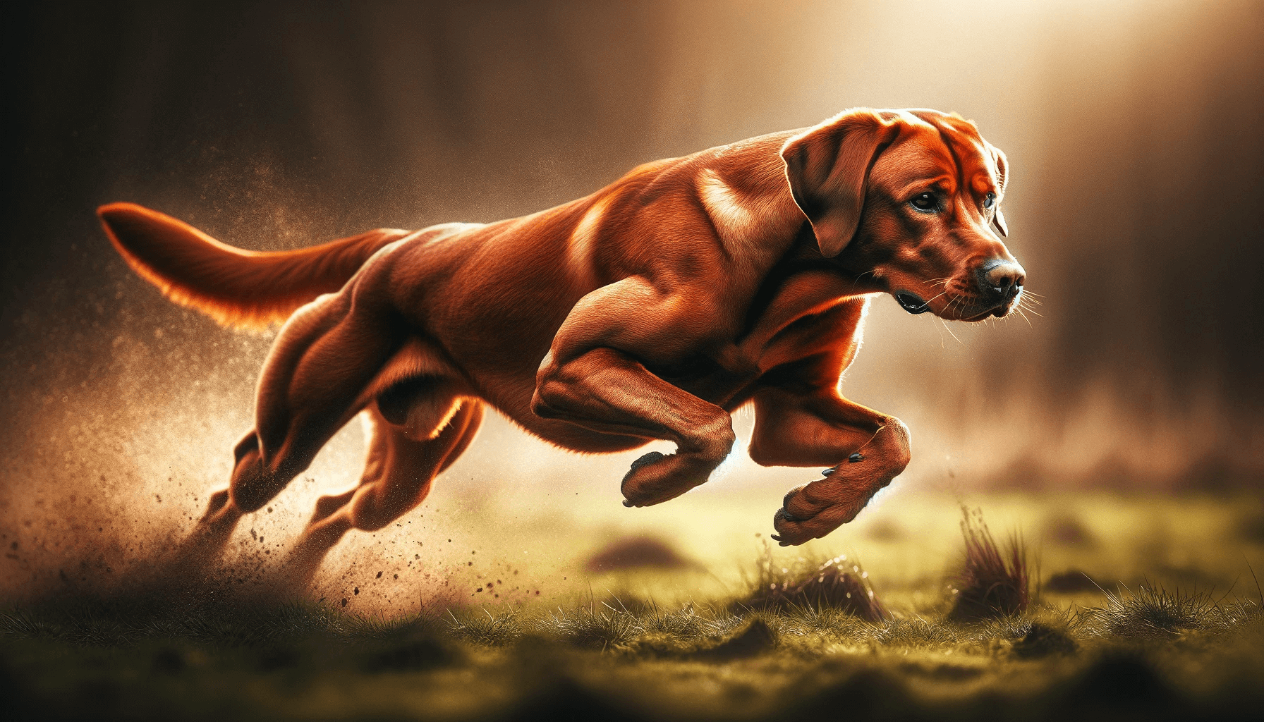A Red Fox Labrador with a strong prey drive shown in an action-packed scene, highlighting its agility and sportsmanship.