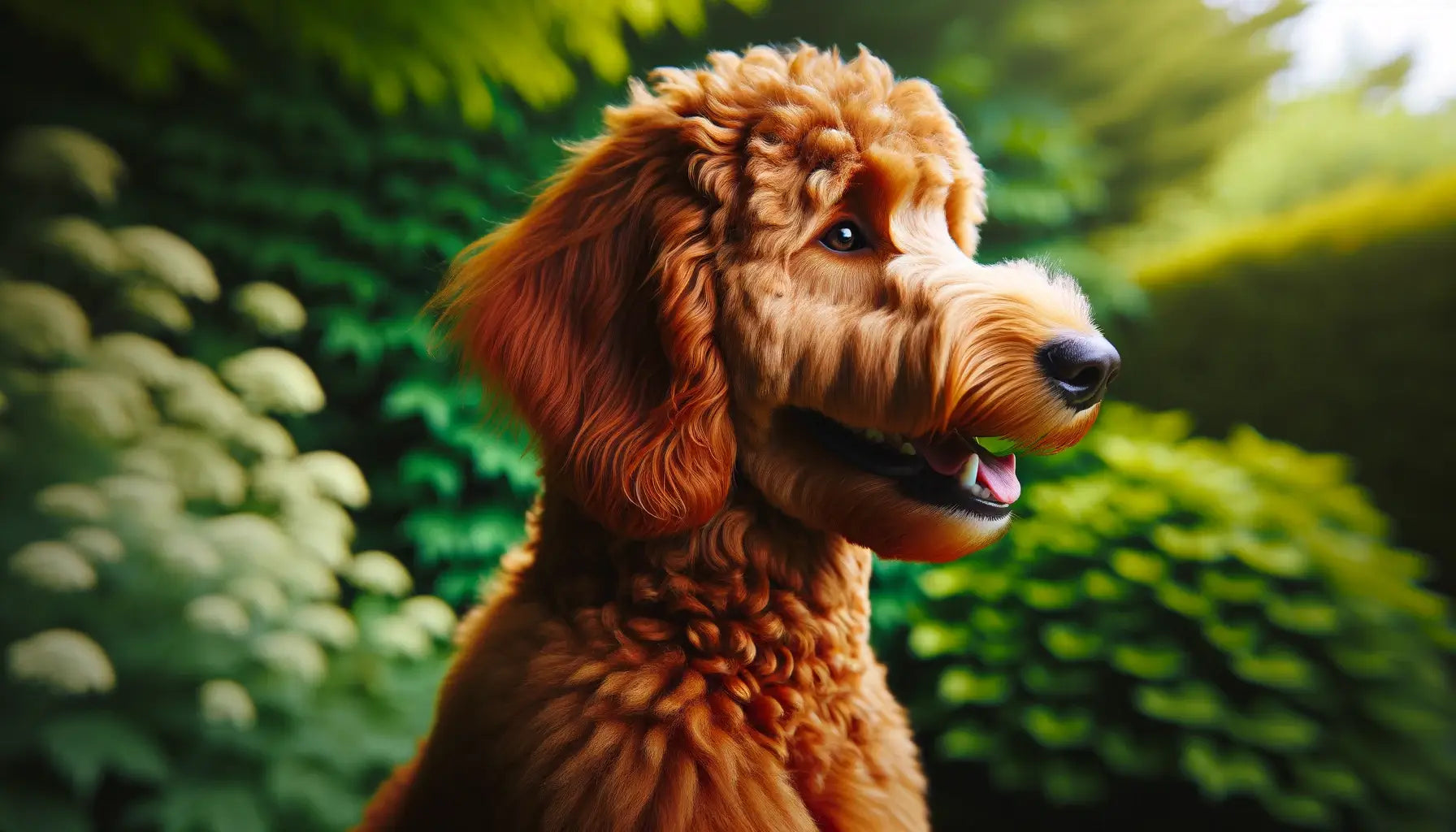Red Goldendoodle against a backdrop of green foliage, emphasizing its unique red coat and friendly expression.