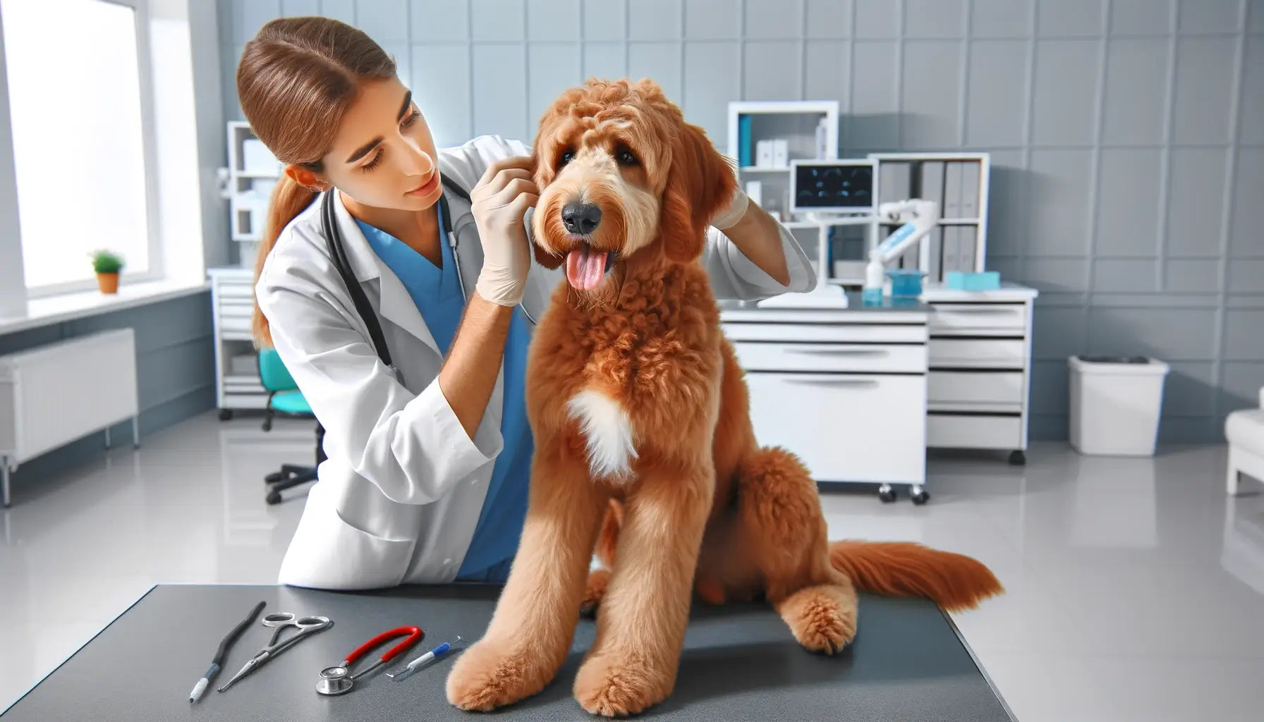 Red Goldendoodle calmly undergoing a vet check-up, examining its ears, eyes, and teeth in a clinical setting.