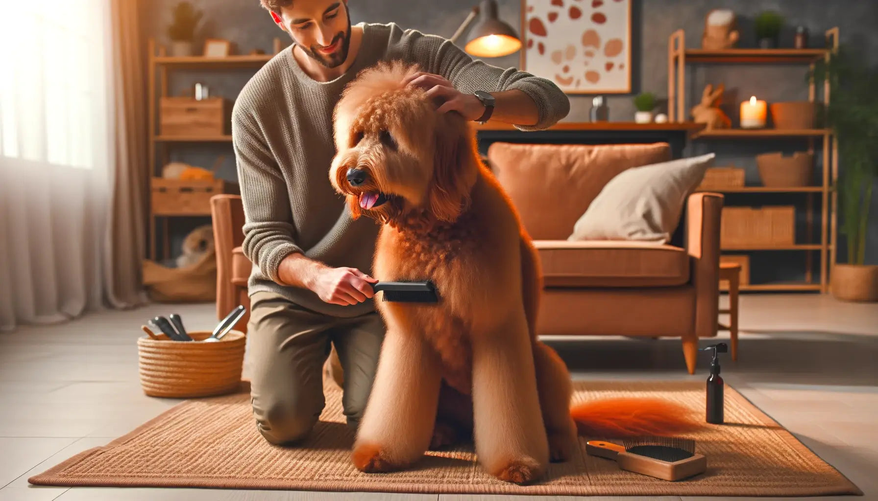 Red Goldendoodle enjoying a grooming session at home with its owner.