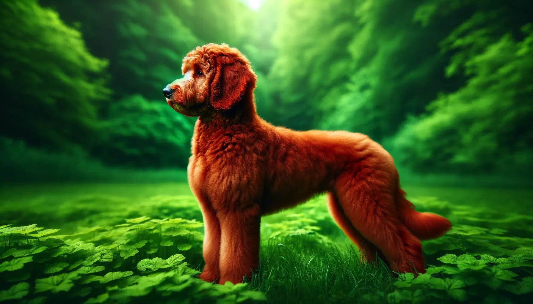 Red Goldendoodle in a vibrant green setting, standing in profile to showcase its compact muscular build and the striking red hue of its coat.