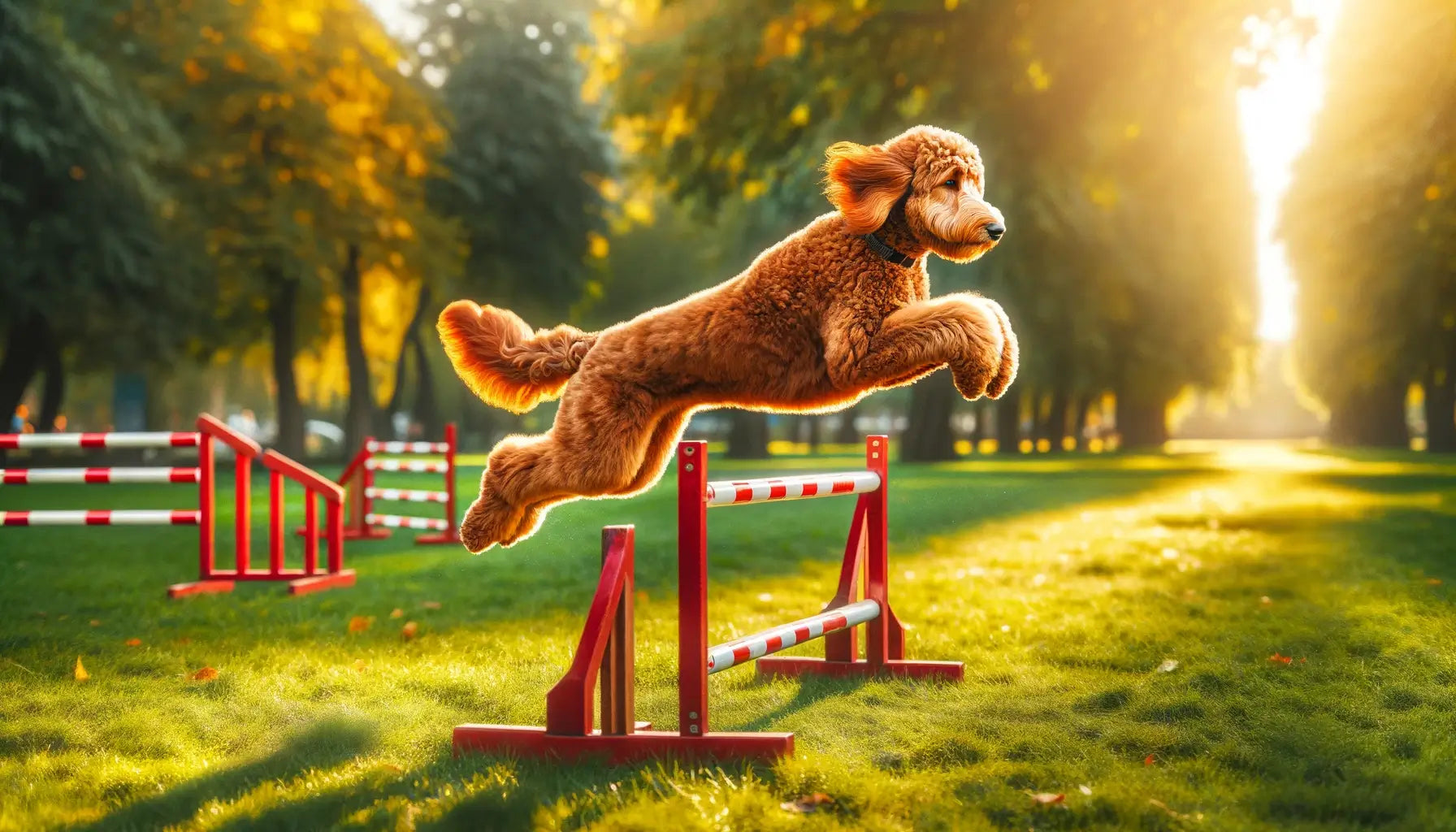 Red Goldendoodle leaping over a hurdle in a park, showing agility and strength.