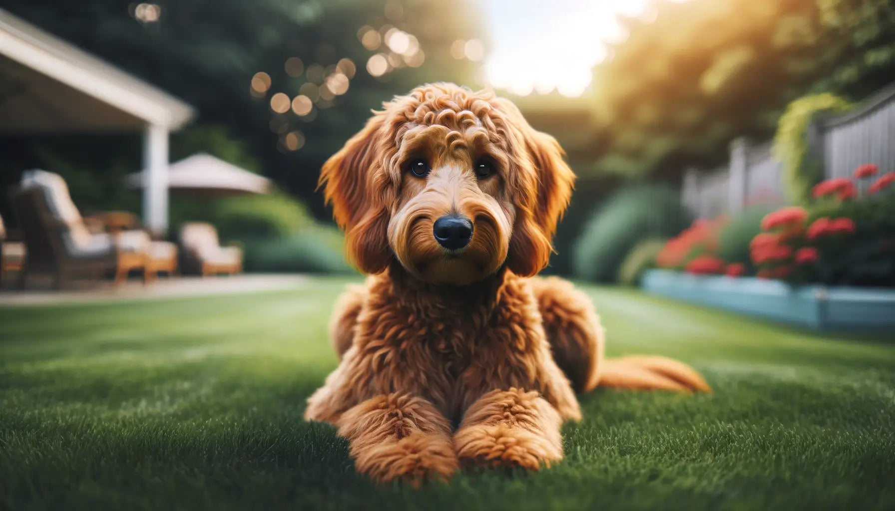 Red Goldendoodle lying on the grass, focused and attentive, showcasing its energetic and alert nature.