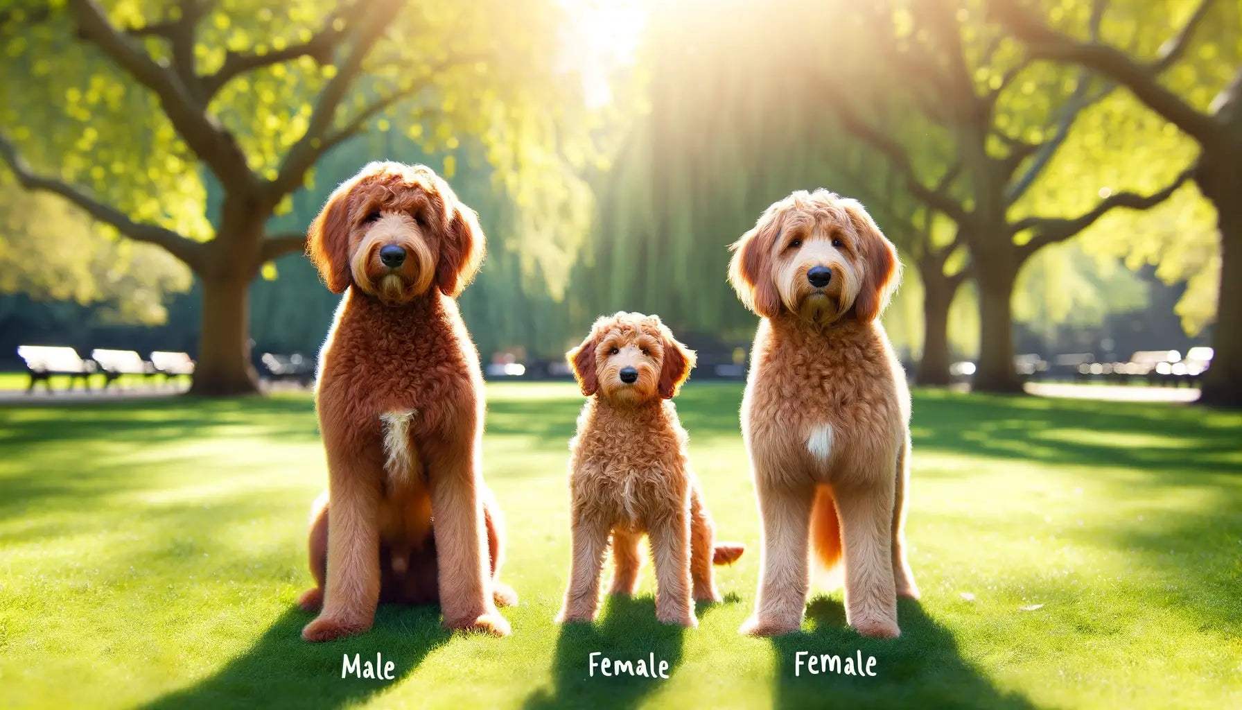 Red Goldendoodle male and female in a park.