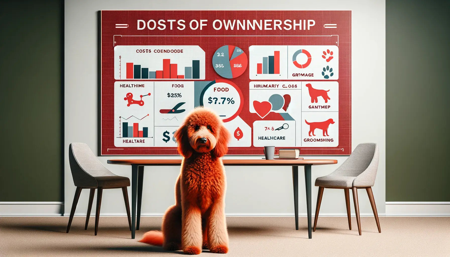 A Red Goldendoodle next to a table that outlines the costs of ownership, including food, healthcare, and grooming.
