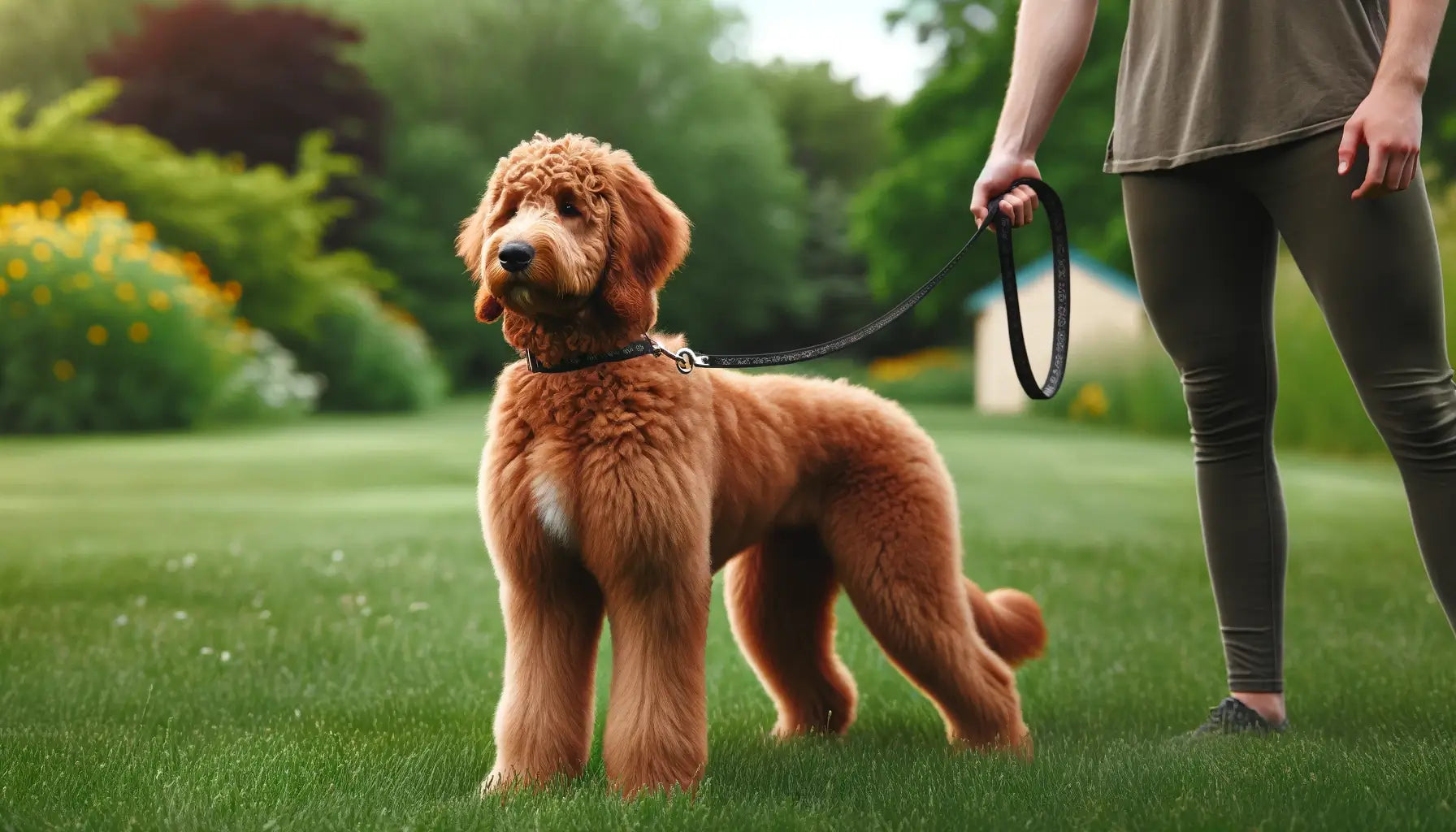 A Red Goldendoodle on a leash, standing confidently on grass, displaying its robust physique and readiness for outdoor activities.