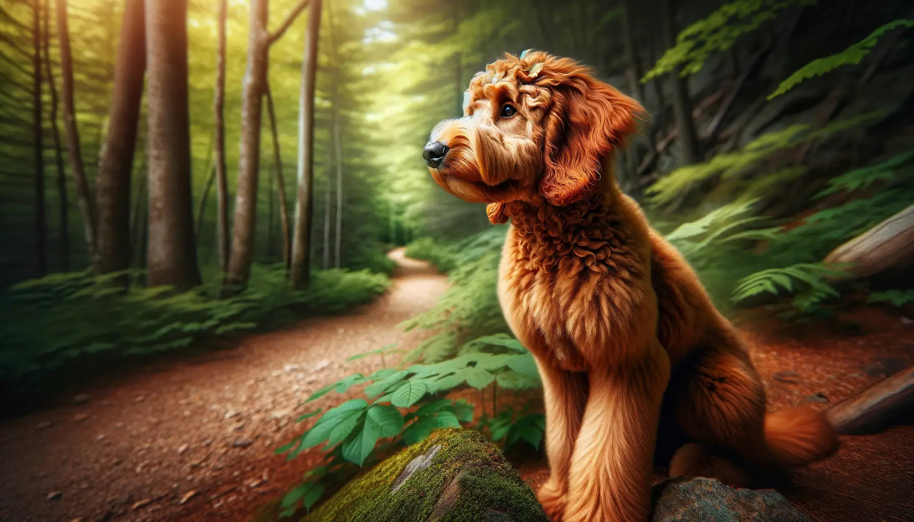 A Red Goldendoodle on a nature trail with its posture alert and ears perked, ready for adventure.
