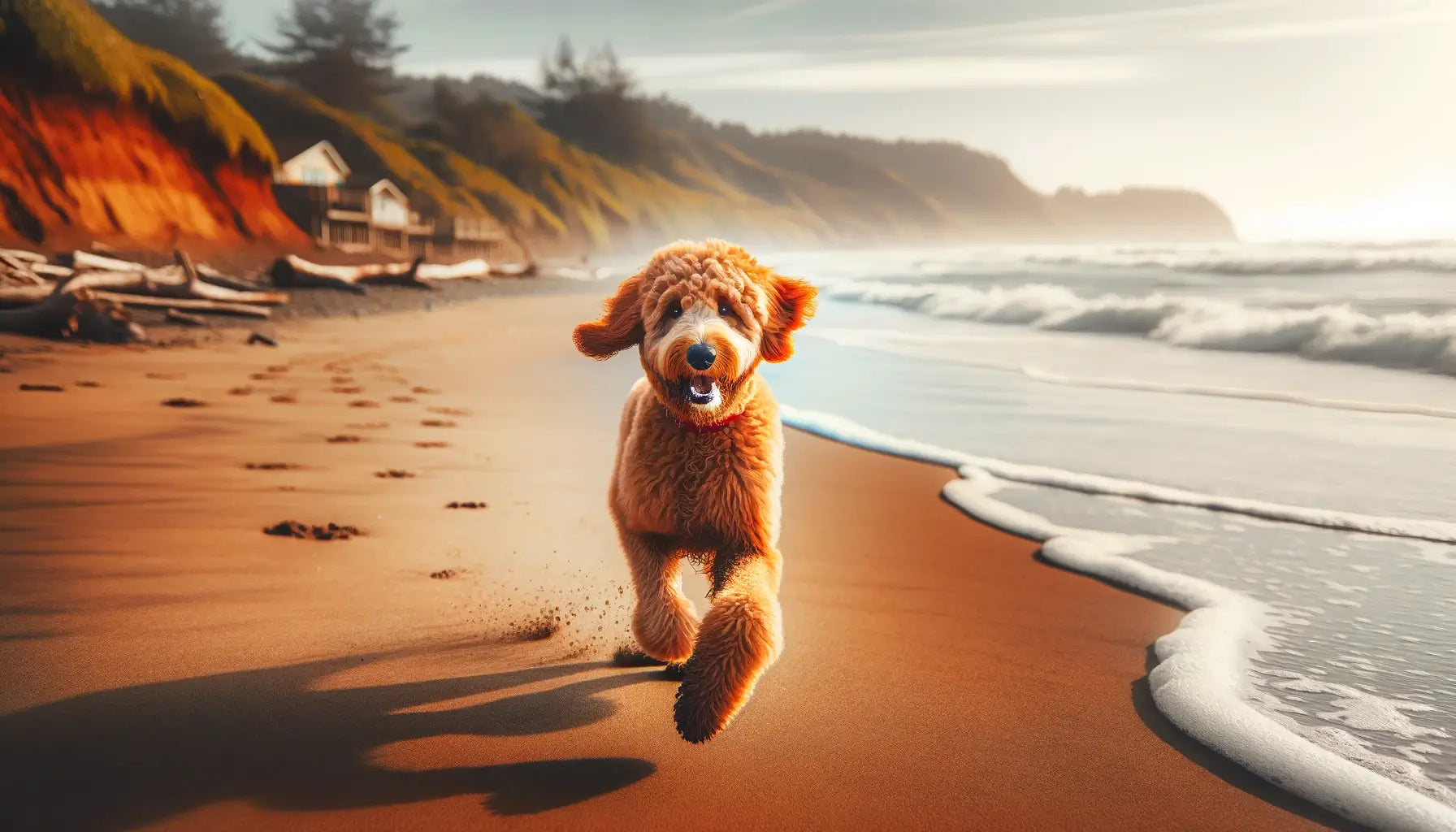 Red Goldendoodle on a sandy beach with the ocean backdrop, highlighting its adventurous spirit and love for outdoor activities.