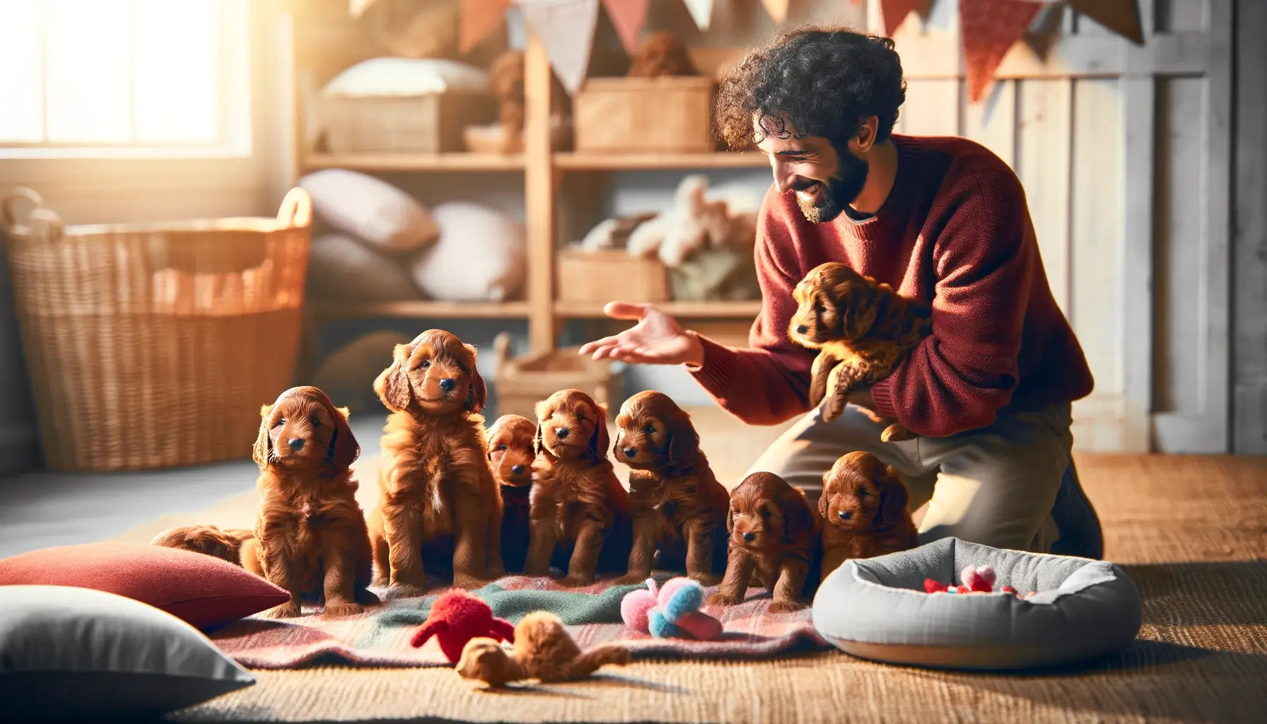 Red Goldendoodle puppies in a welcoming setting.