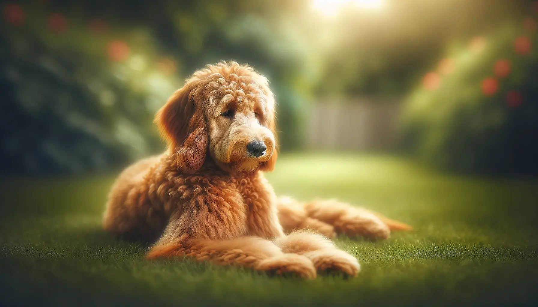 Red Goldendoodle relaxing on grass with a soft-focus background, suggesting a peaceful outdoor setting.