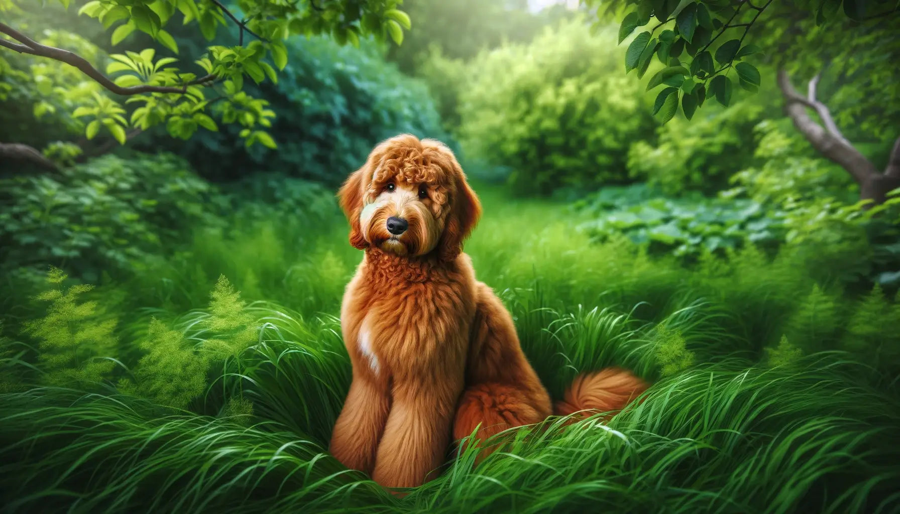 A Red Goldendoodle sitting in lush greenery, its rich red coat standing out against the vibrant background of grass and leaves.