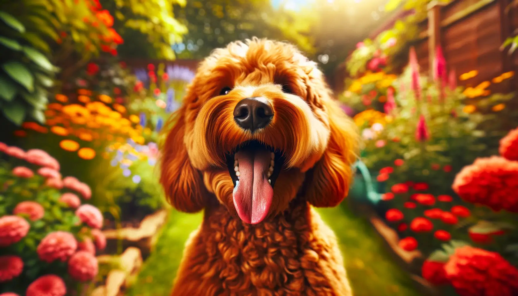 Red Goldendoodle with a joyful expression and tongue out, possibly in a garden or park.