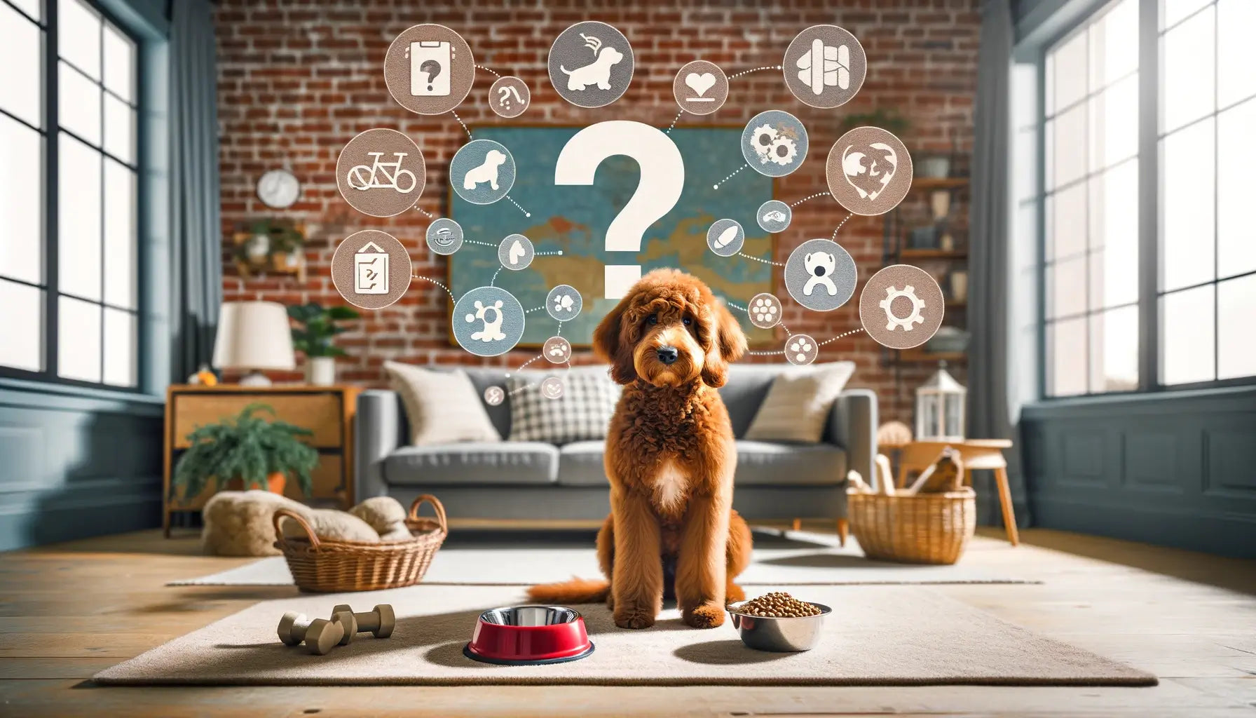 A Red Goldendoodle with a symbolic question mark overhead, surrounded by icons representing common breed queries like nutrition and exercise needs.