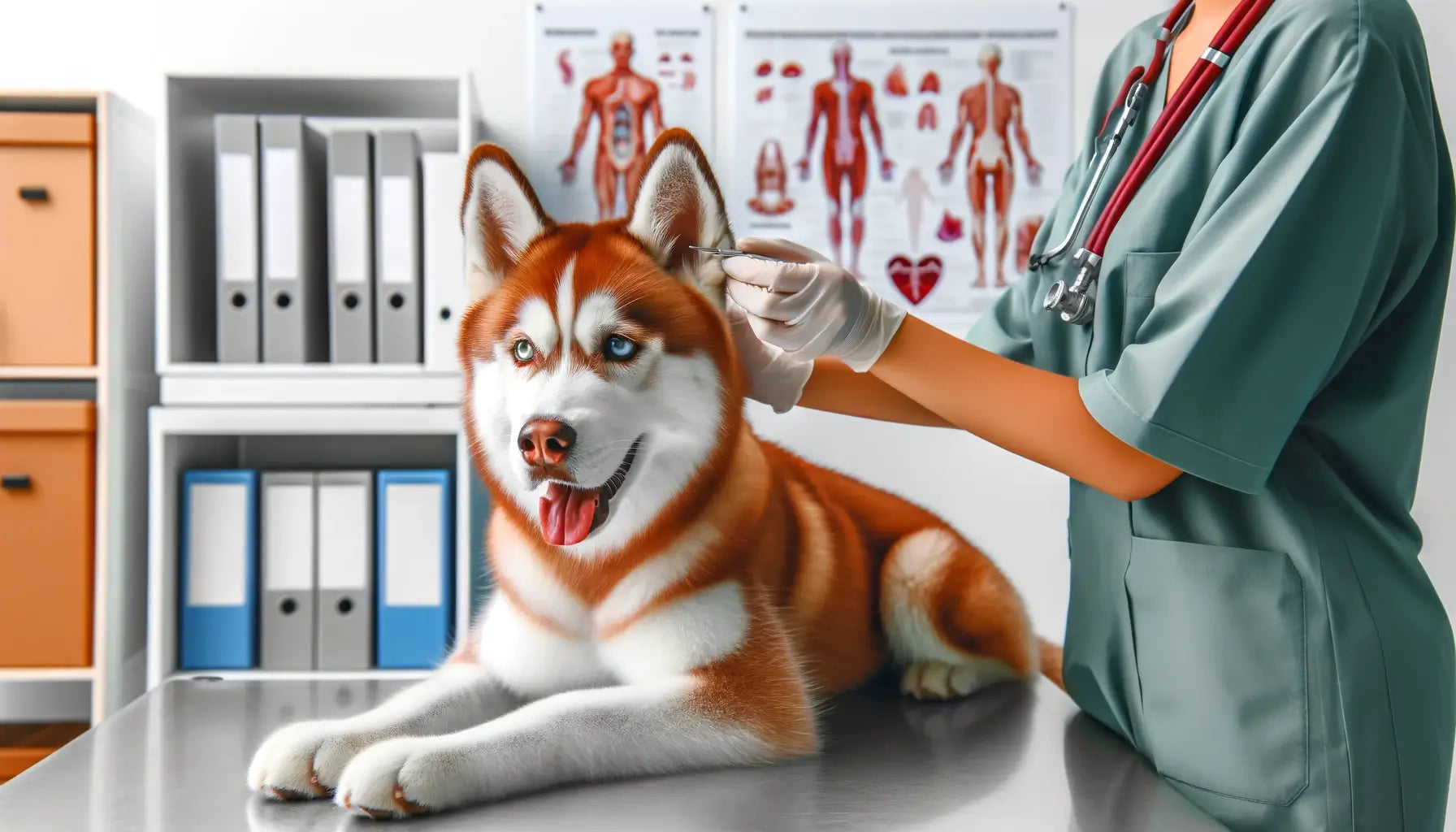 Image showing a Red Husky at a veterinary clinic undergoing a thorough health check.