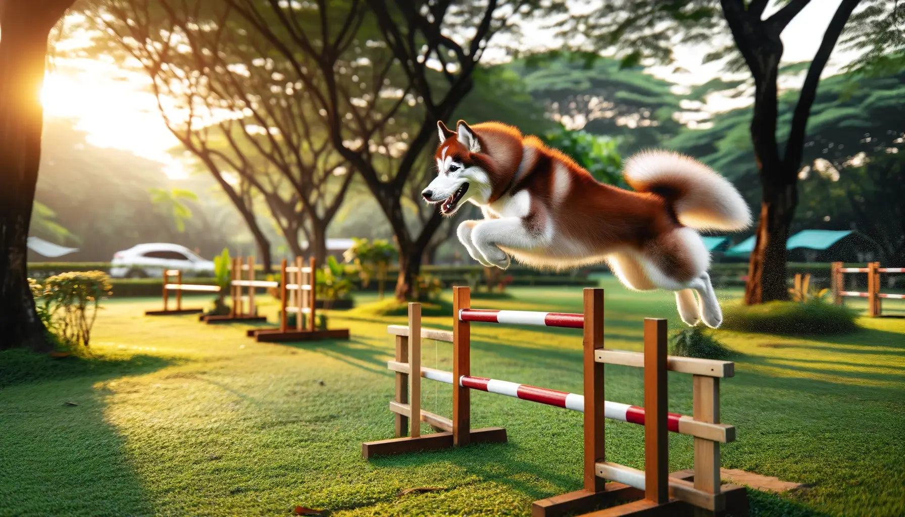 Image showing a Red Husky energetically leaping over a wooden hurdle.