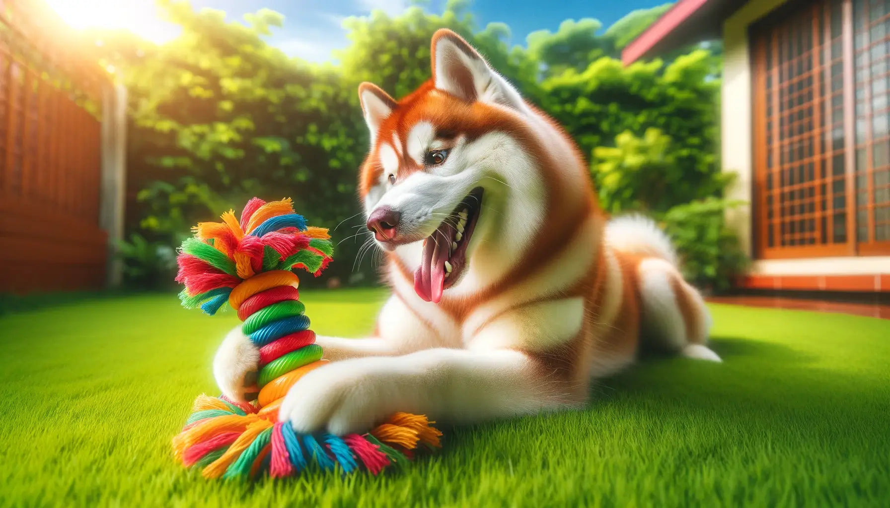 Image showing a Red Husky engaging with a colorful toy on a lush green lawn.