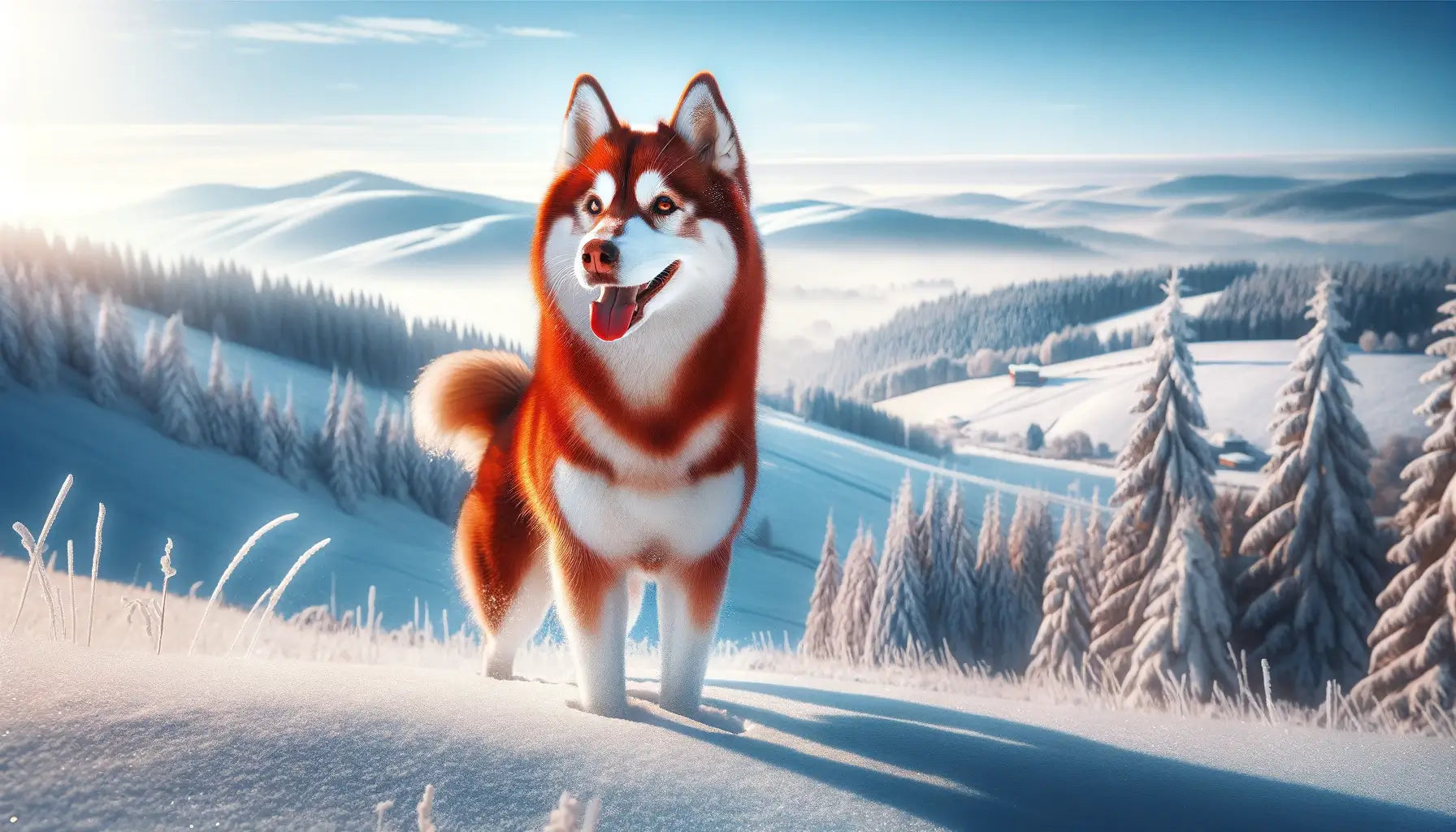 Image showing a Red Husky enjoying the snowy landscape, standing on a hill covered in white snow.