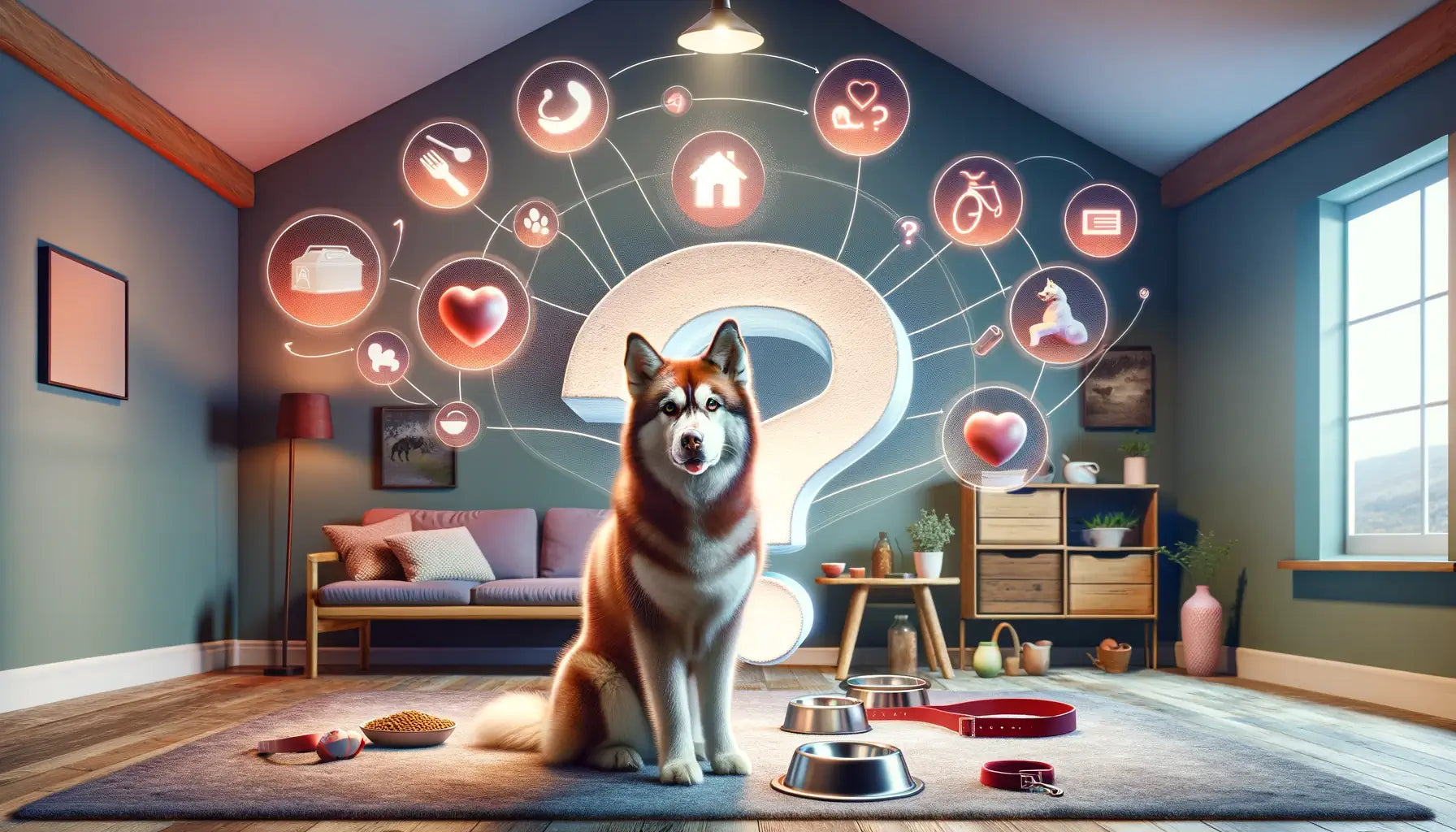 Image showing a Red Husky surrounded by various icons symbolizing common inquiries about the breed.