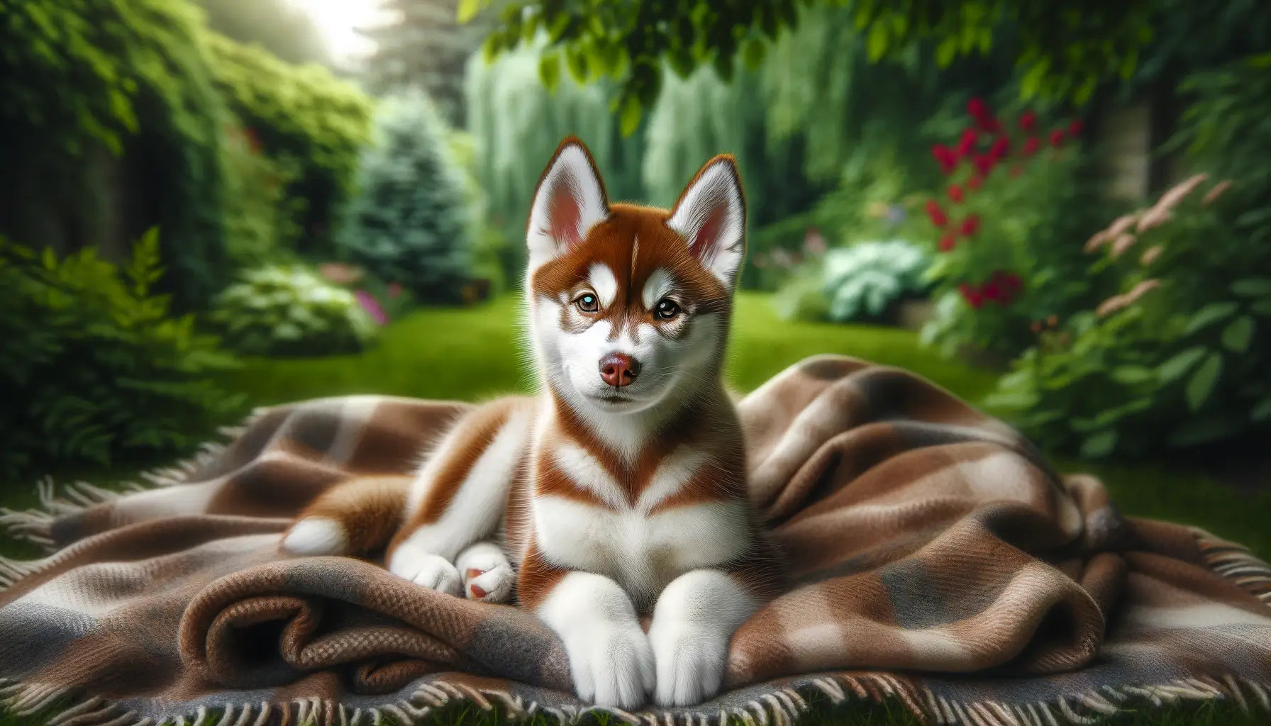 Image showing a Red Husky lying on a soft blanket outdoors, set against a lush background of greenery.