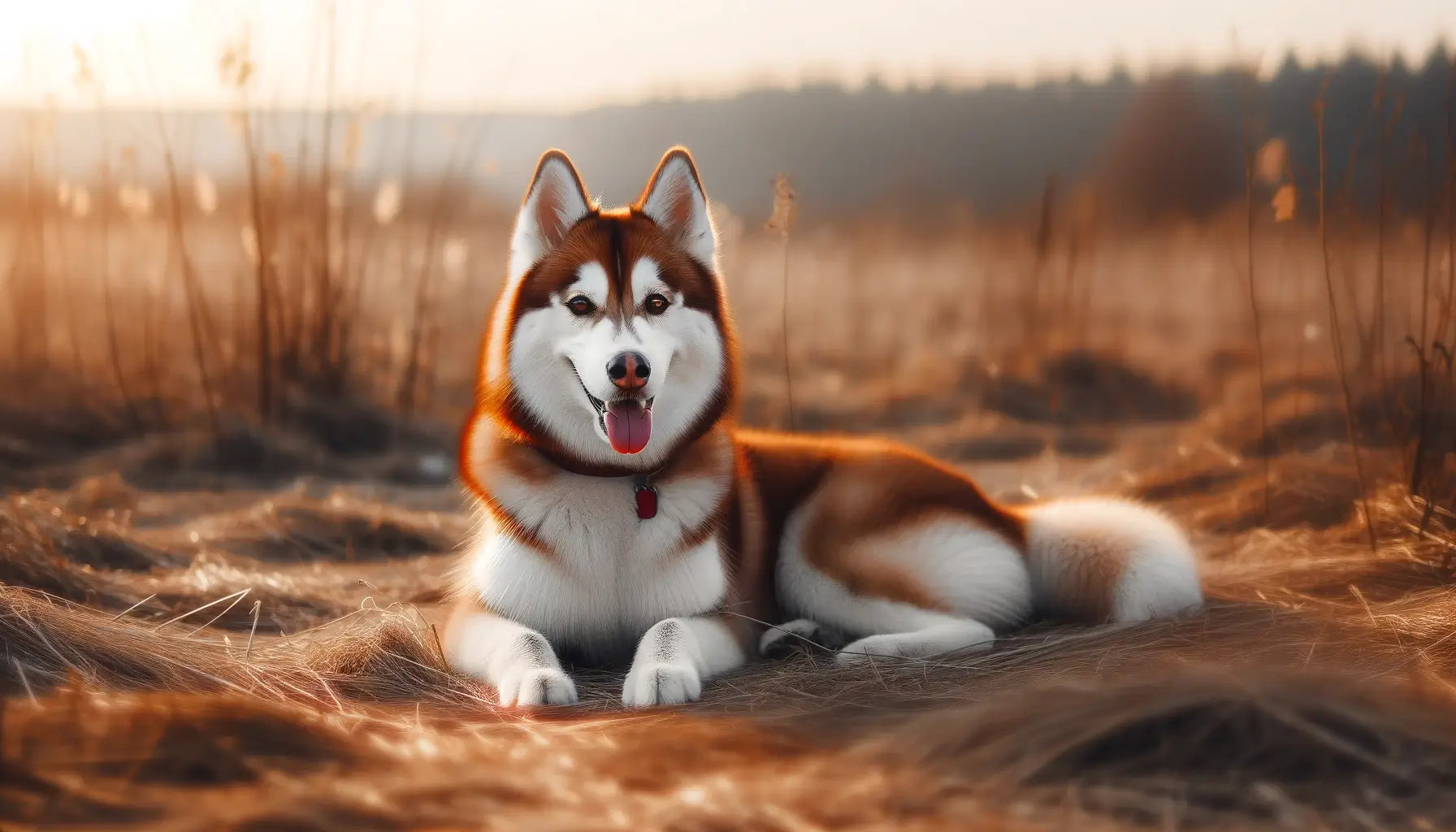 Image showing a content and relaxed Red Husky lying on dry grass.